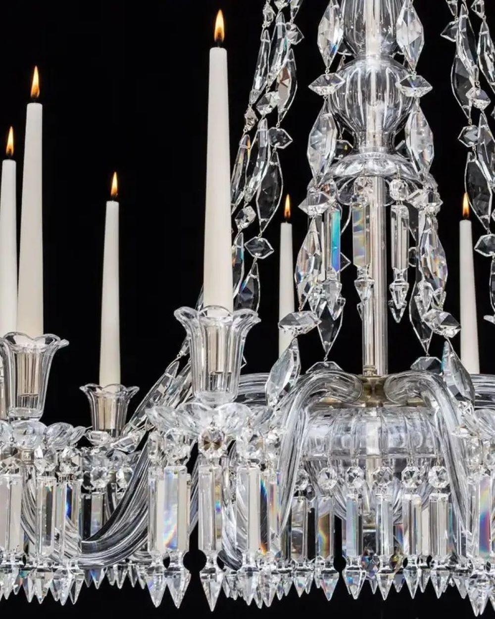 A Fine Crystal Gasolier, now electrified. The main stem and recover bowl with thumb cutting issuiing ten arms supporting drop hung drip pans and candle nozzles, the top canopy draping to each arm with Osler's unique drops the rest of the chandelier