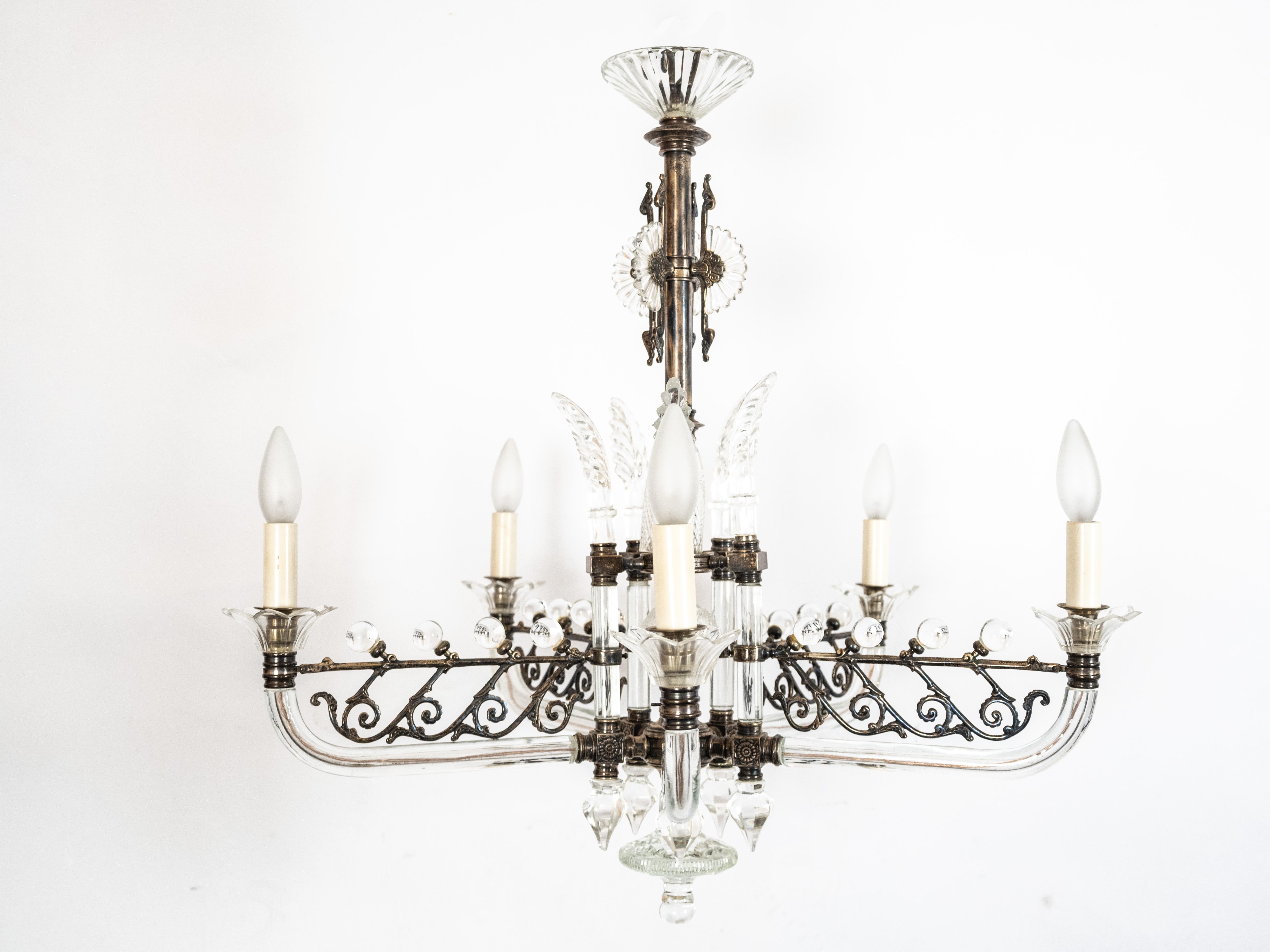 Edwardian F & C Osler Chandelier Silver and Glass 5 Light For Sale