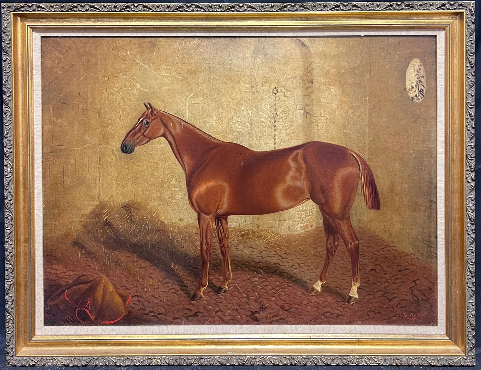 Fine 19th Century British Sporting Art Oil Painting Horse in Stable Interior For Sale 1
