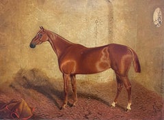 Fine 19th Century British Sporting Art Oil Painting Horse in Stable Interior