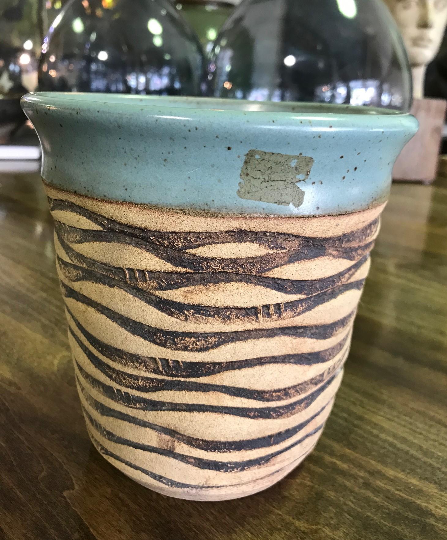 Mid-Century Modern F. Carlton Ball Signed Midcentury Ceramic Pottery Turquoise Glazed Bowl Vase