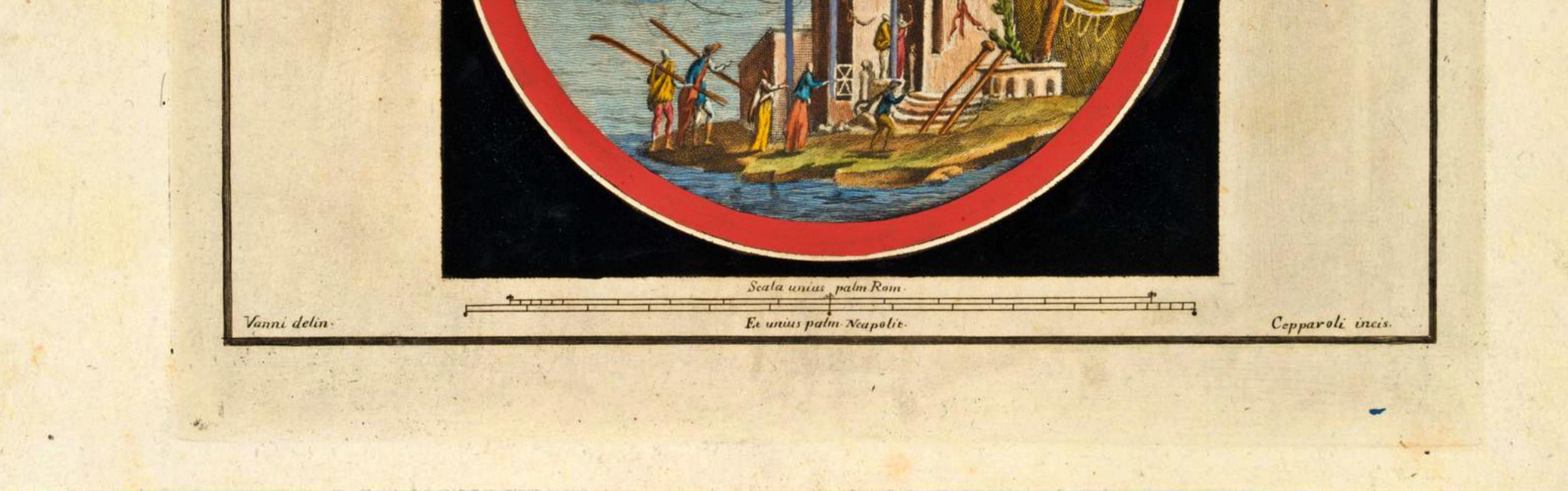 F. CIRCA (*1750) d'après VANNI (*1750), Temple sur une île dans l'eau, vers 1780

Gravure sur cuivre Francesco Cepparuli (avant 1750 - après 1767 ) d'après Niccolo Vanni (avant 1750 Rome - vers 1770 ) : Paysage avec un temple visité et une île dans