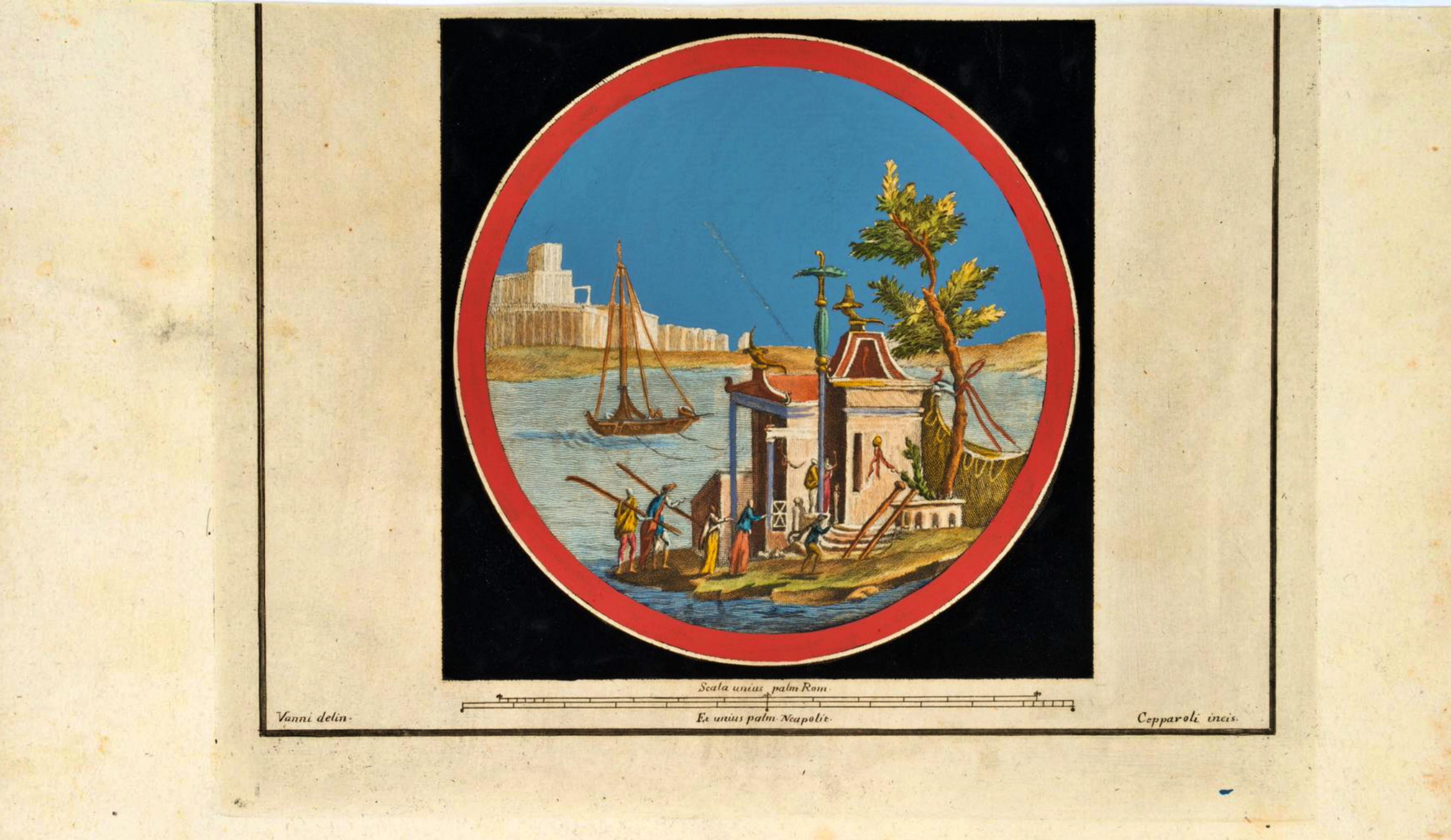 italien F. CEPPARULI (*1750) d'après VANNI (*1750), Temple sur une île dans l'eau en vente