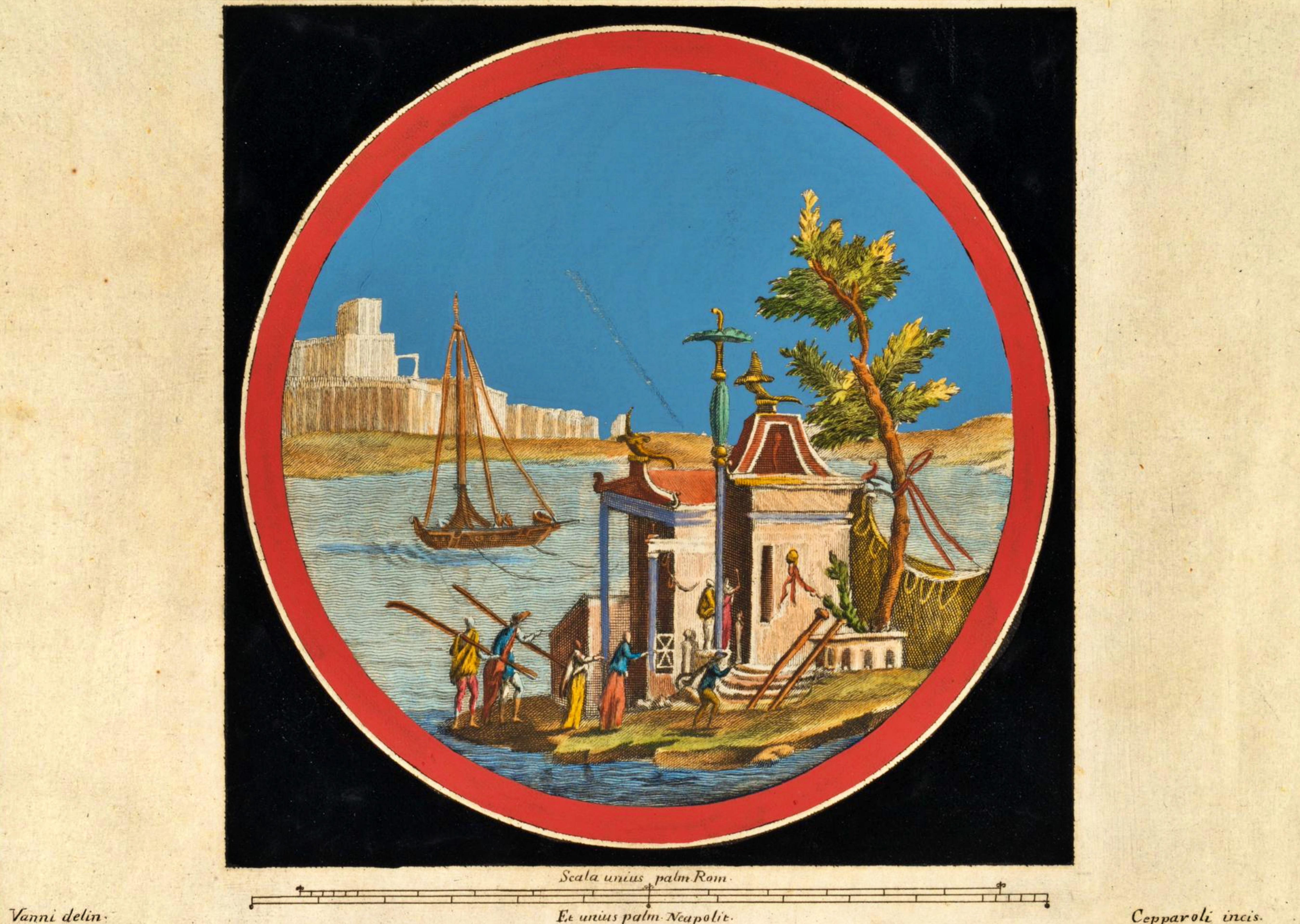 Gravé F. CEPPARULI (*1750) d'après VANNI (*1750), Temple sur une île dans l'eau en vente