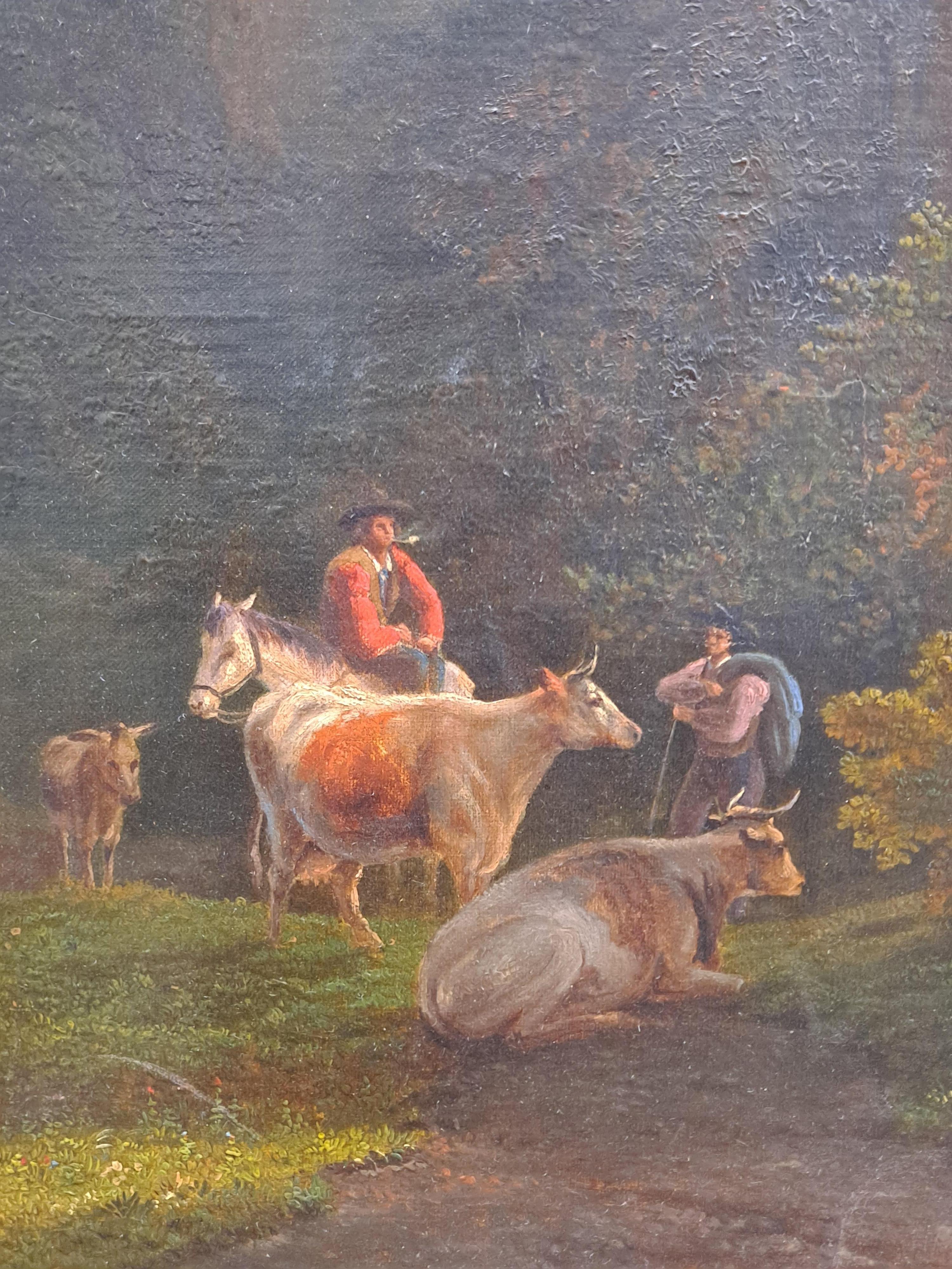 F Cesare Bimerman (1821-1890) Forest Landscape With Travelers and Cattle - Painting by F. Cesare Bimerman