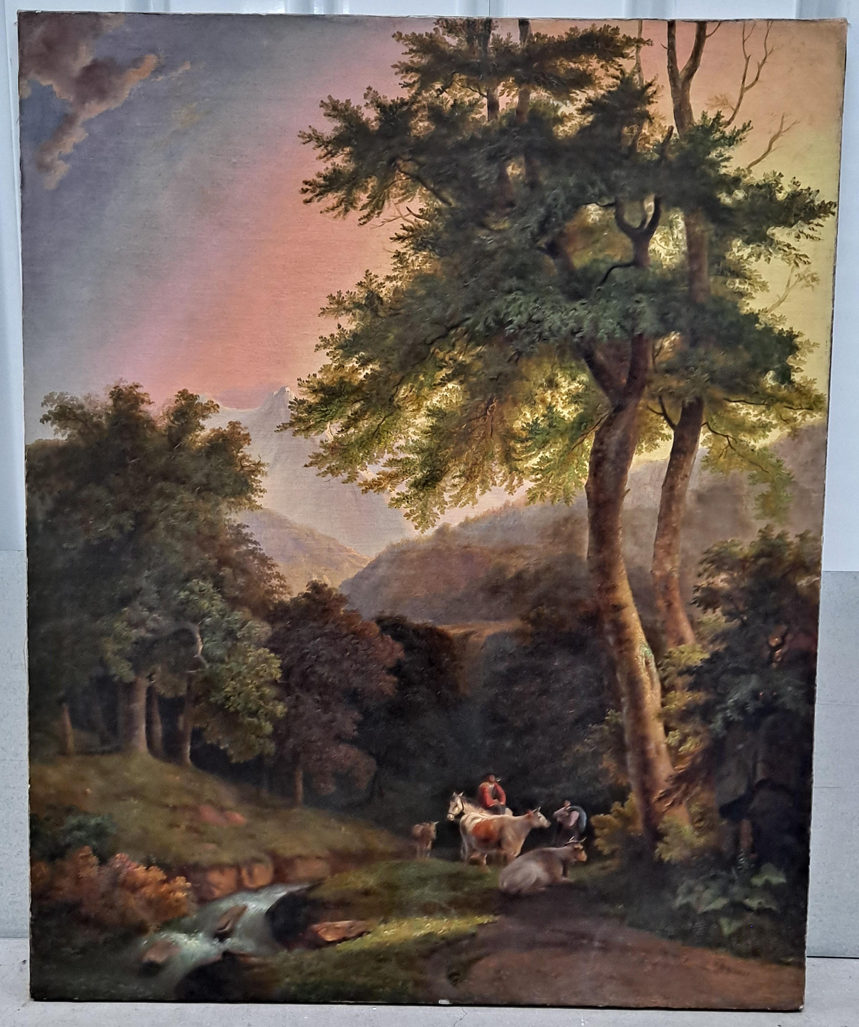 F. Cesare Bimerman Landscape Painting - F Cesare Bimerman (1821-1890) Forest Landscape With Travelers and Cattle