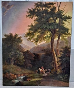 Antique F Cesare Bimerman (1821-1890) Forest Landscape With Travelers and Cattle