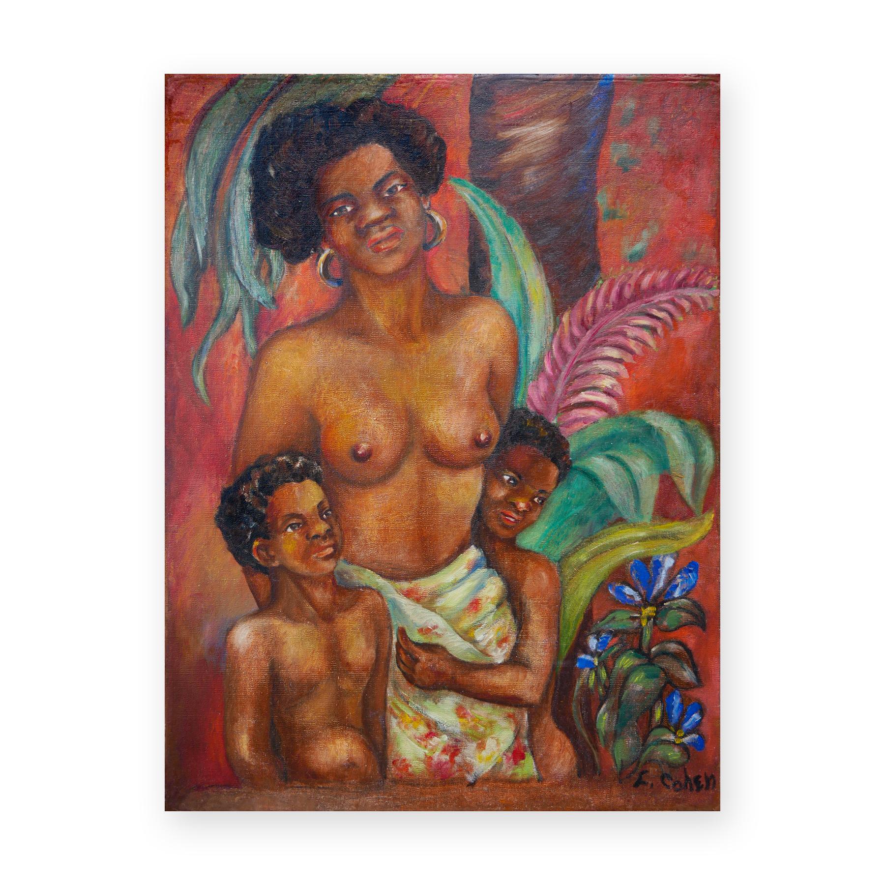 Warm-Toned Abstract Figurative Black Art Portrait of a Mother with Children - Painting by F. Cohen