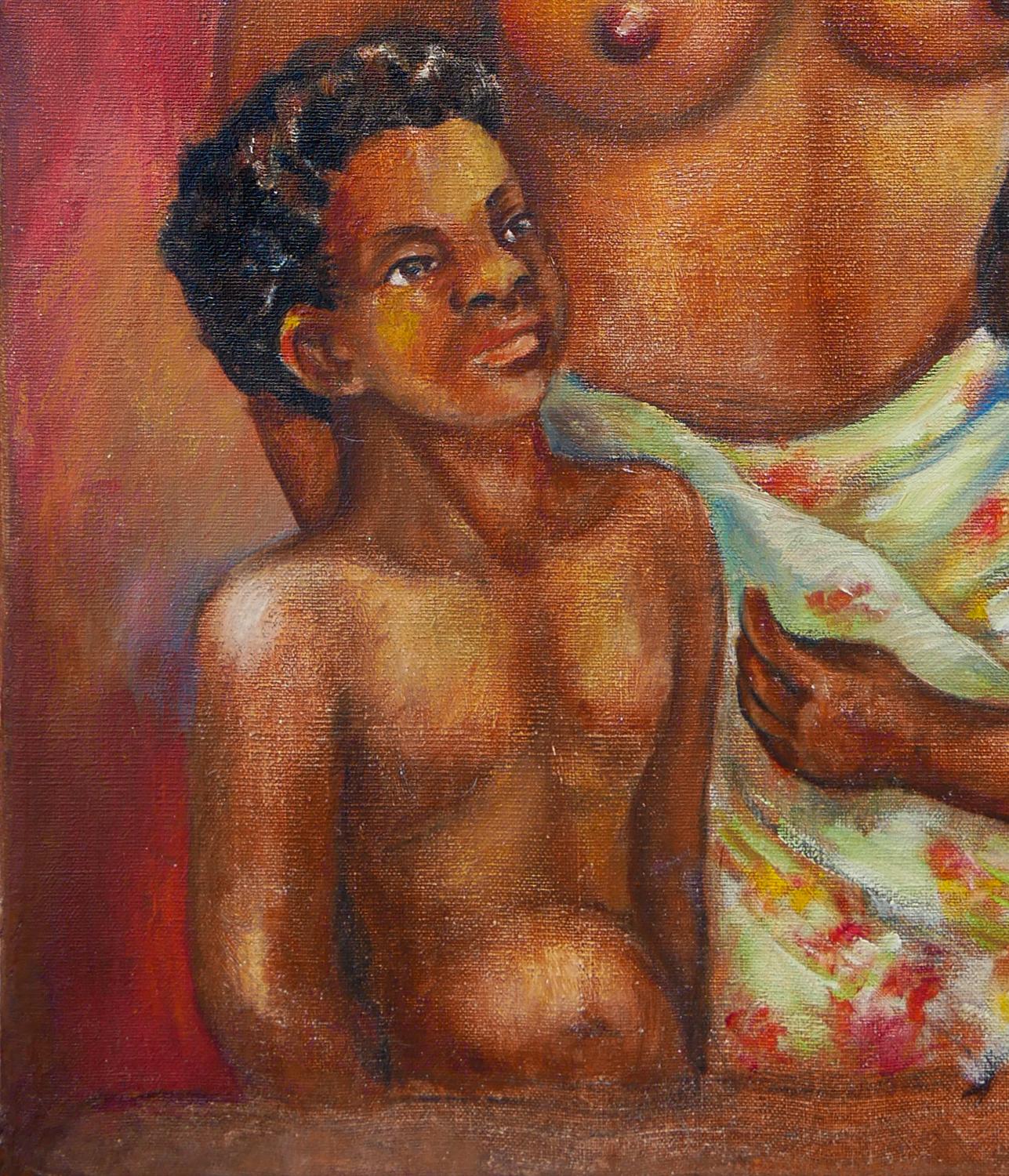 Warm-Toned Abstract Figurative Black Art Portrait of a Mother with Children For Sale 2