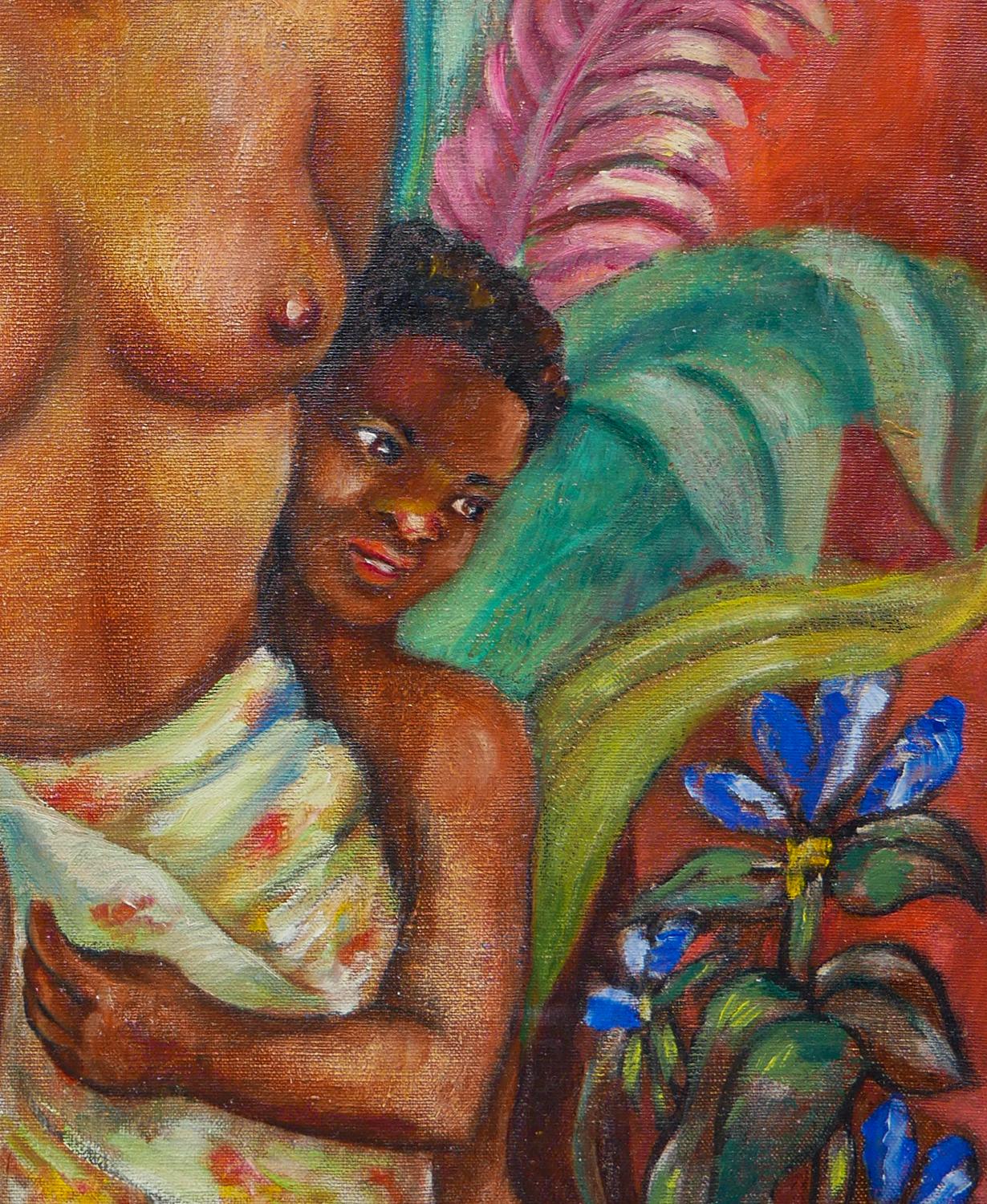 Warm getöntes abstraktes figuratives schwarzes Kunstporträt einer Mutter mit Kindern im Angebot 4