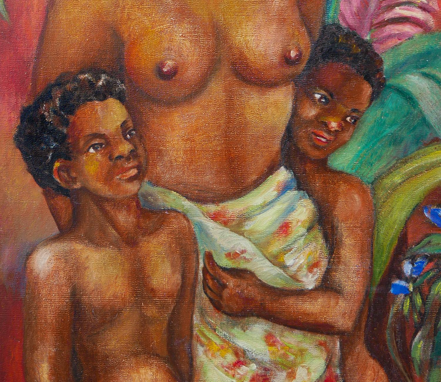 Warm getöntes abstraktes figuratives schwarzes Kunstporträt einer Mutter mit Kindern im Angebot 5