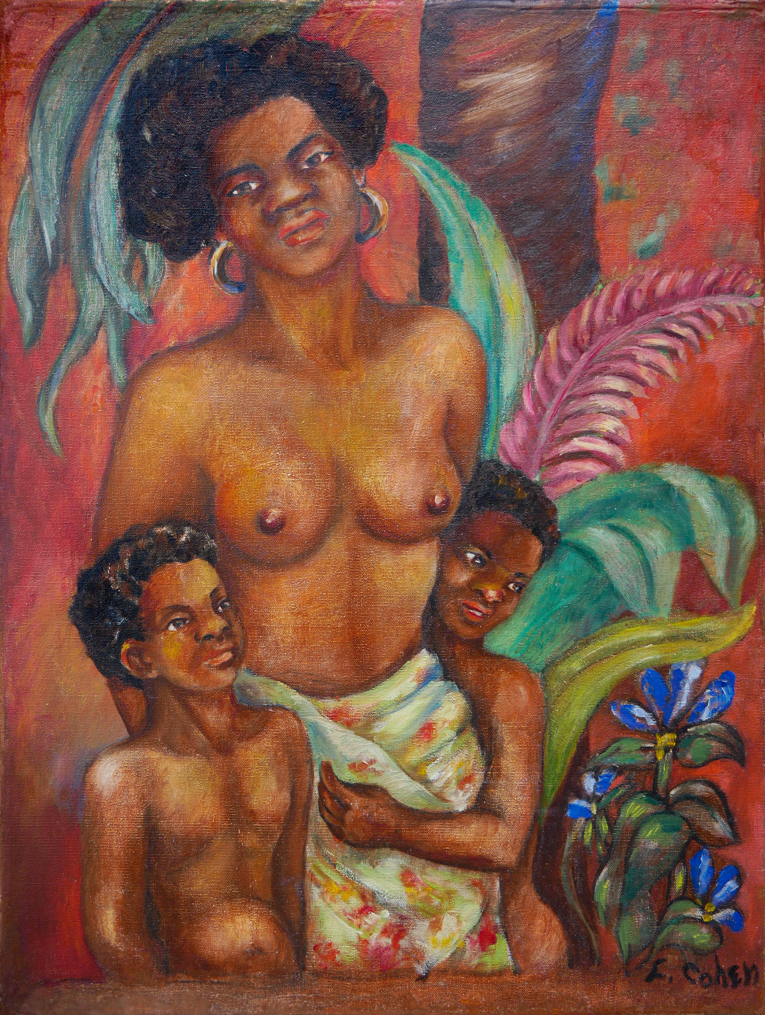 F. Cohen Figurative Painting – Warm getöntes abstraktes figuratives schwarzes Kunstporträt einer Mutter mit Kindern