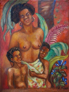 Warm-Toned Abstract Figurative Black Art Portrait of a Mother with Children