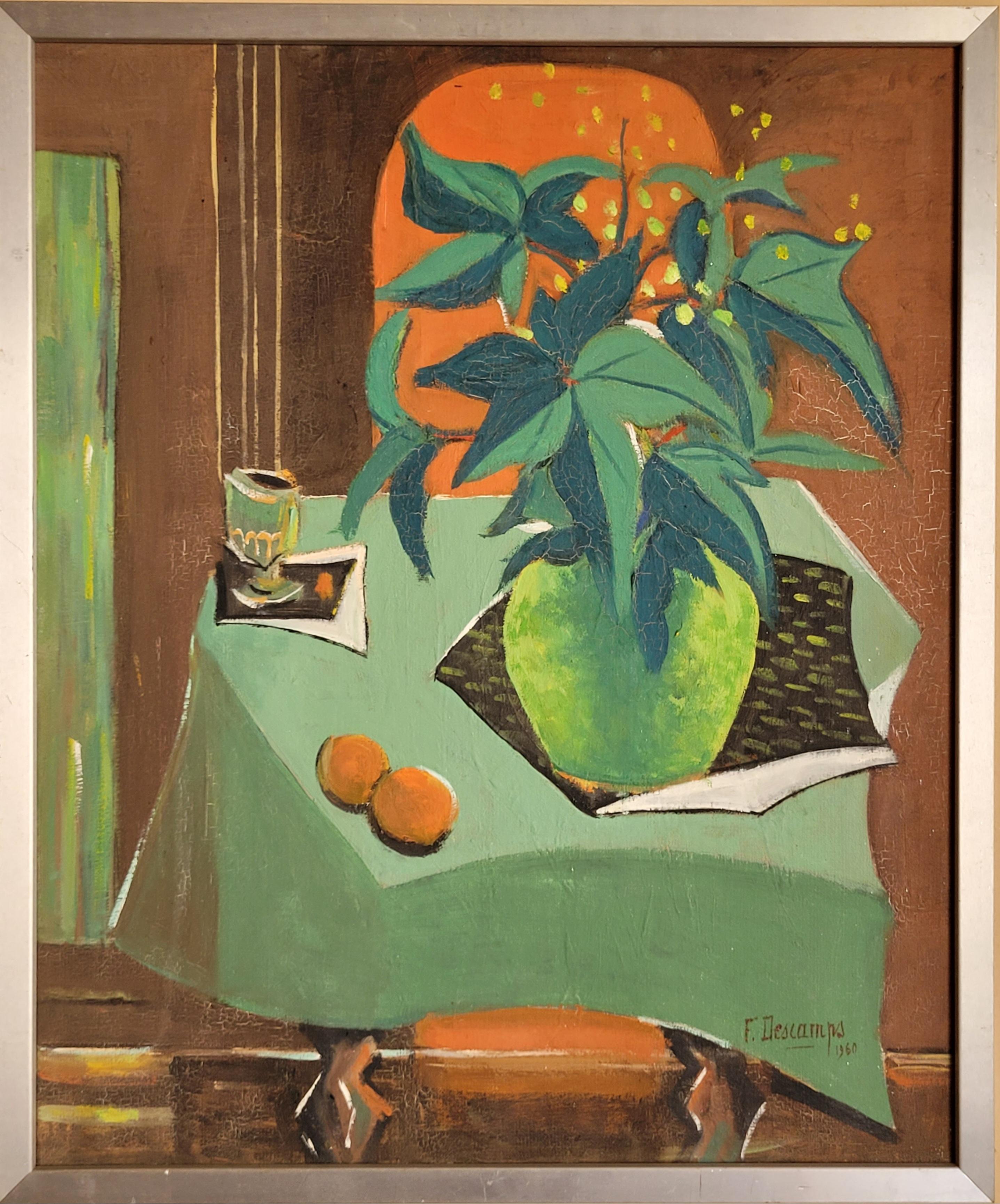 Französische Stillleben-Tischdekoration. – Painting von F Descamps