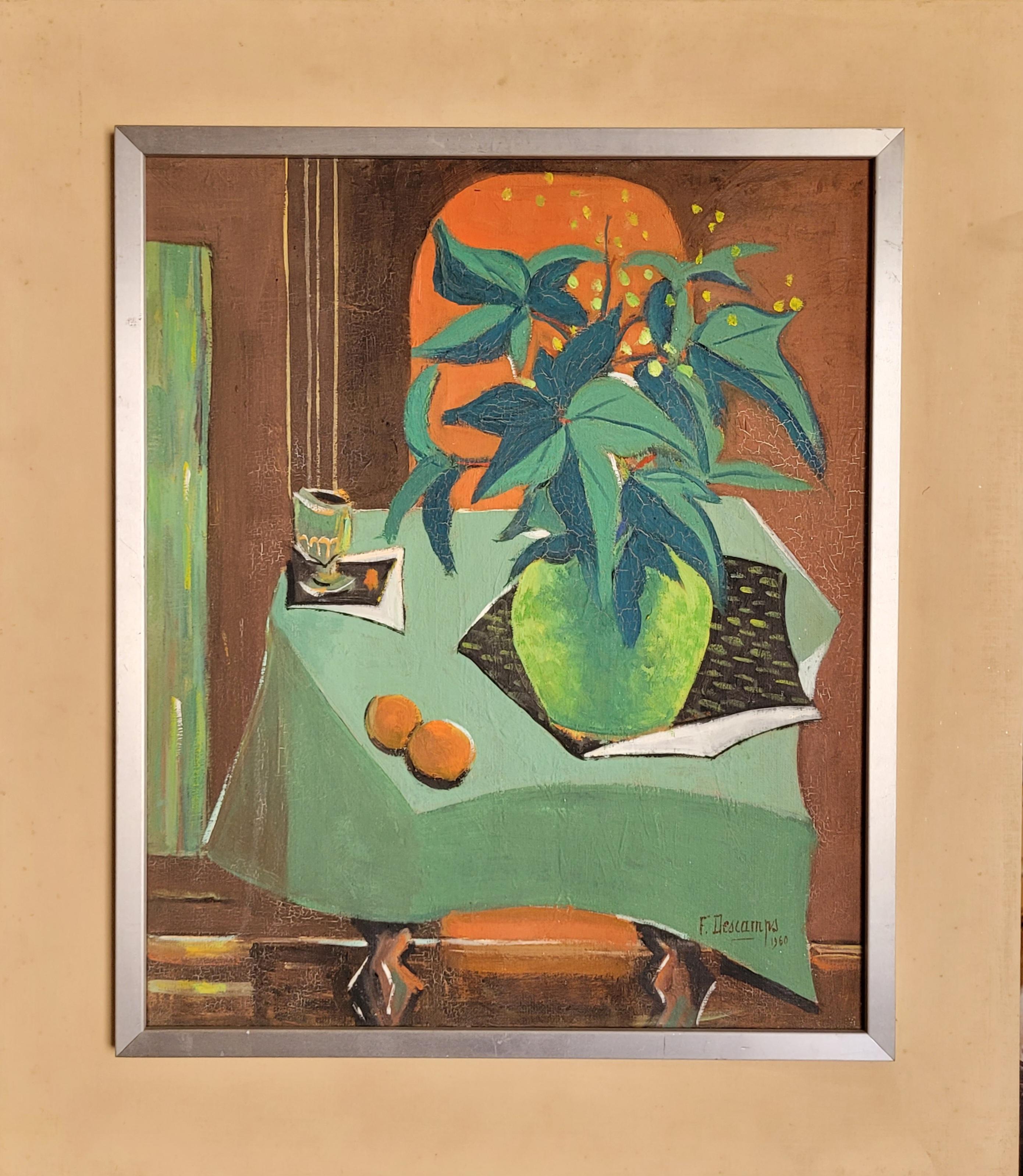 F Descamps Abstract Painting – Französische Stillleben-Tischdekoration.