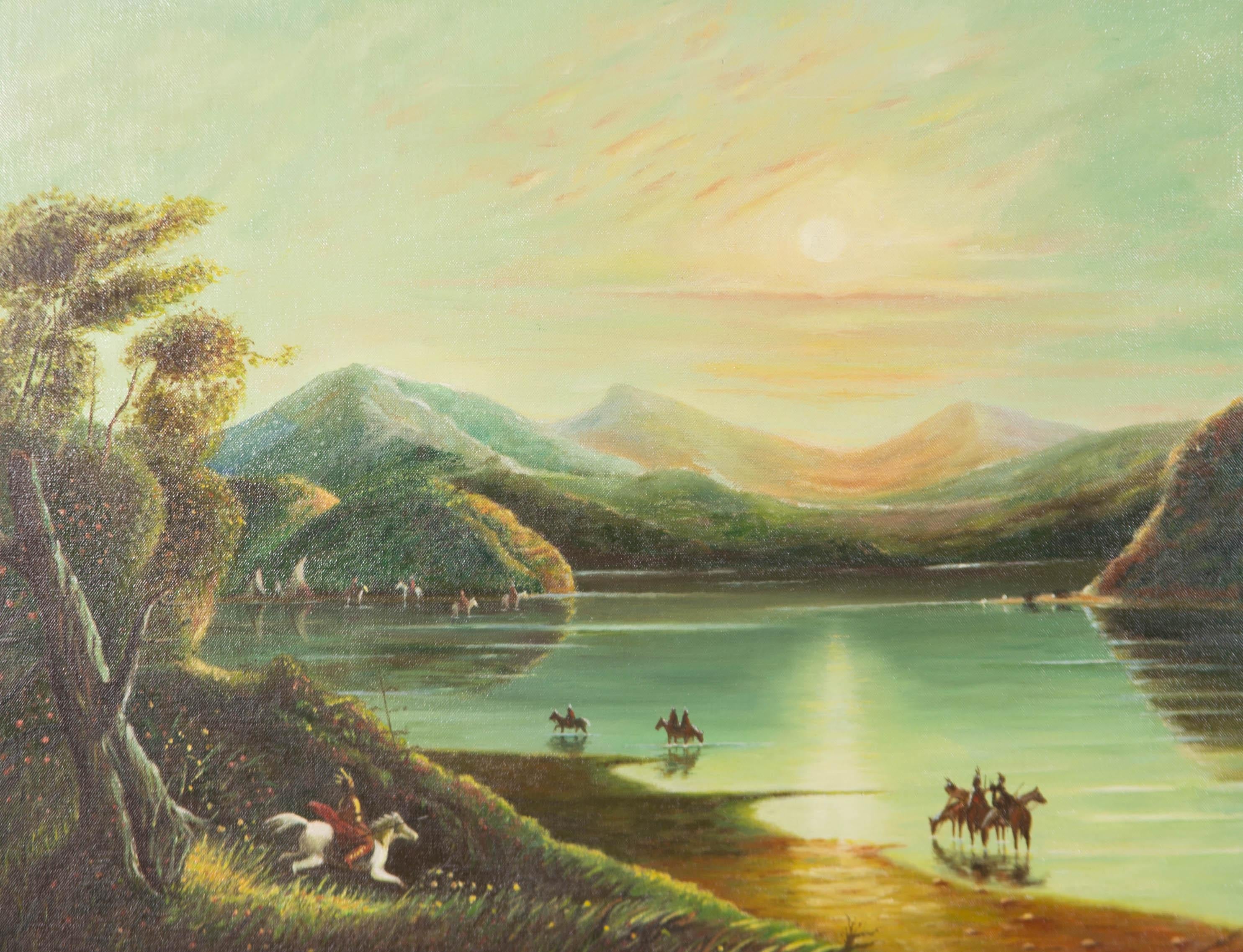 F. Dickons - Olio firmato e incorniciato della metà del XX secolo, Guerrieri nativi americani - Painting di f. Dickons