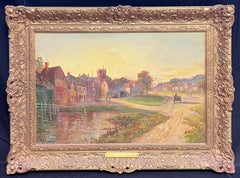 Antique English Oil Painting Sunset in the Village Chalfont St. Giles Buckingham