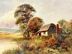 Pintura al óleo inglesa antigua Tranquil River Cottage in Landscape pintura firmada