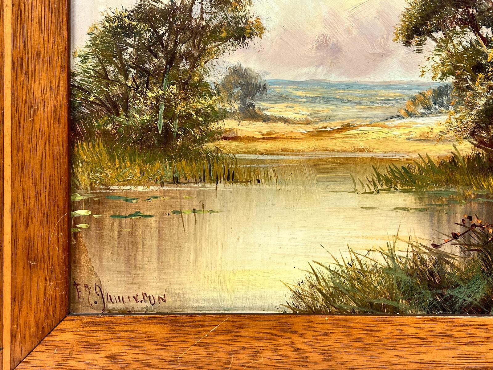 Antique English Oil Painting Tranquil River Cottage in Landscape signed painting For Sale 1