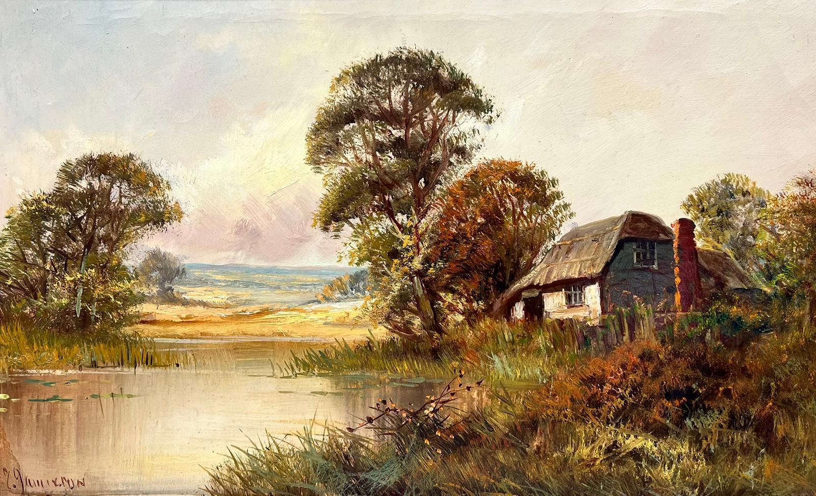 Antique English Oil Painting Tranquil River Cottage in Landscape signed painting For Sale 3