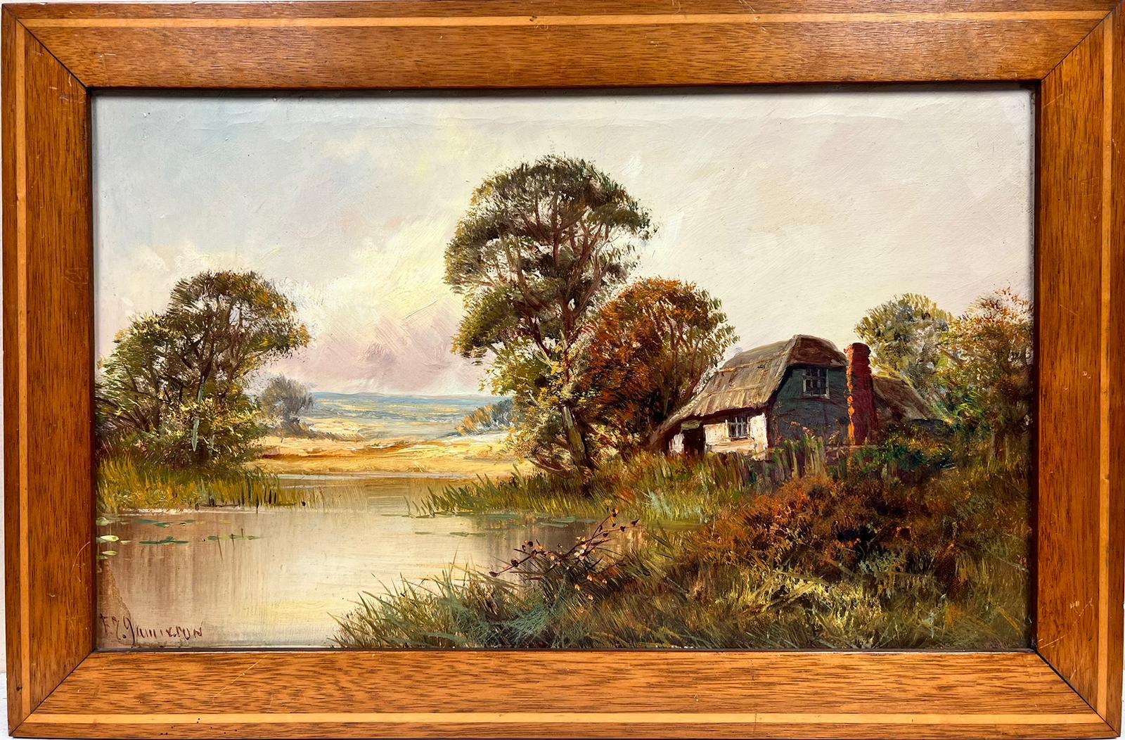 Peinture à l'huile anglaise ancienne représentant un cottage en bord de rivière Tranquil et un paysage signé