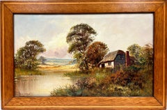 Antique English Oil Painting Tranquil River Cottage in Landscape signed painting
