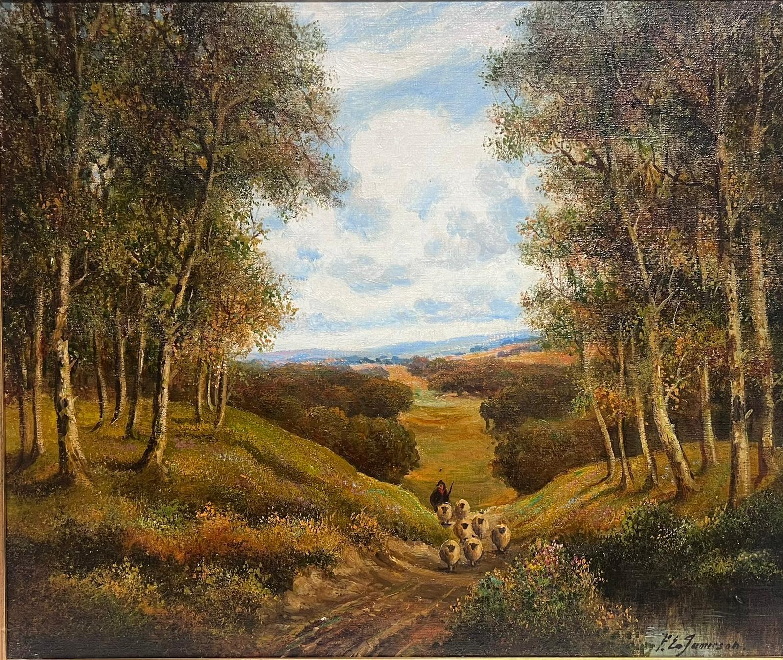 Ancienne peinture à l'huile anglaise signée « Shepherd & Sheep Country Rural Lane »