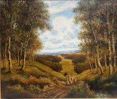 Antique English Signed large Oil Painting Shepherd & Sheep Country Rural Lane