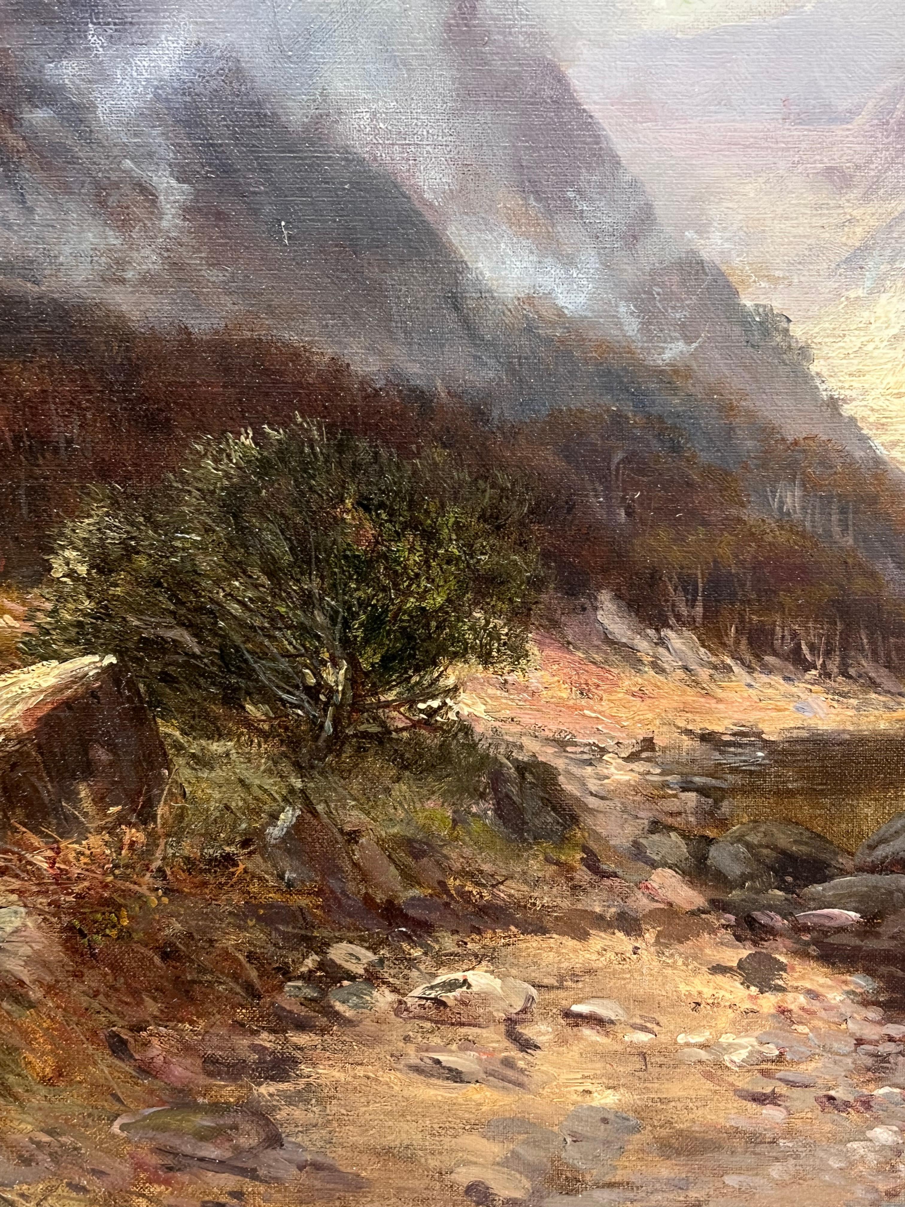 Huile ancienne Écosse Highland Loch Valley Cottages Path Mountains Dramatic Sky en vente 5