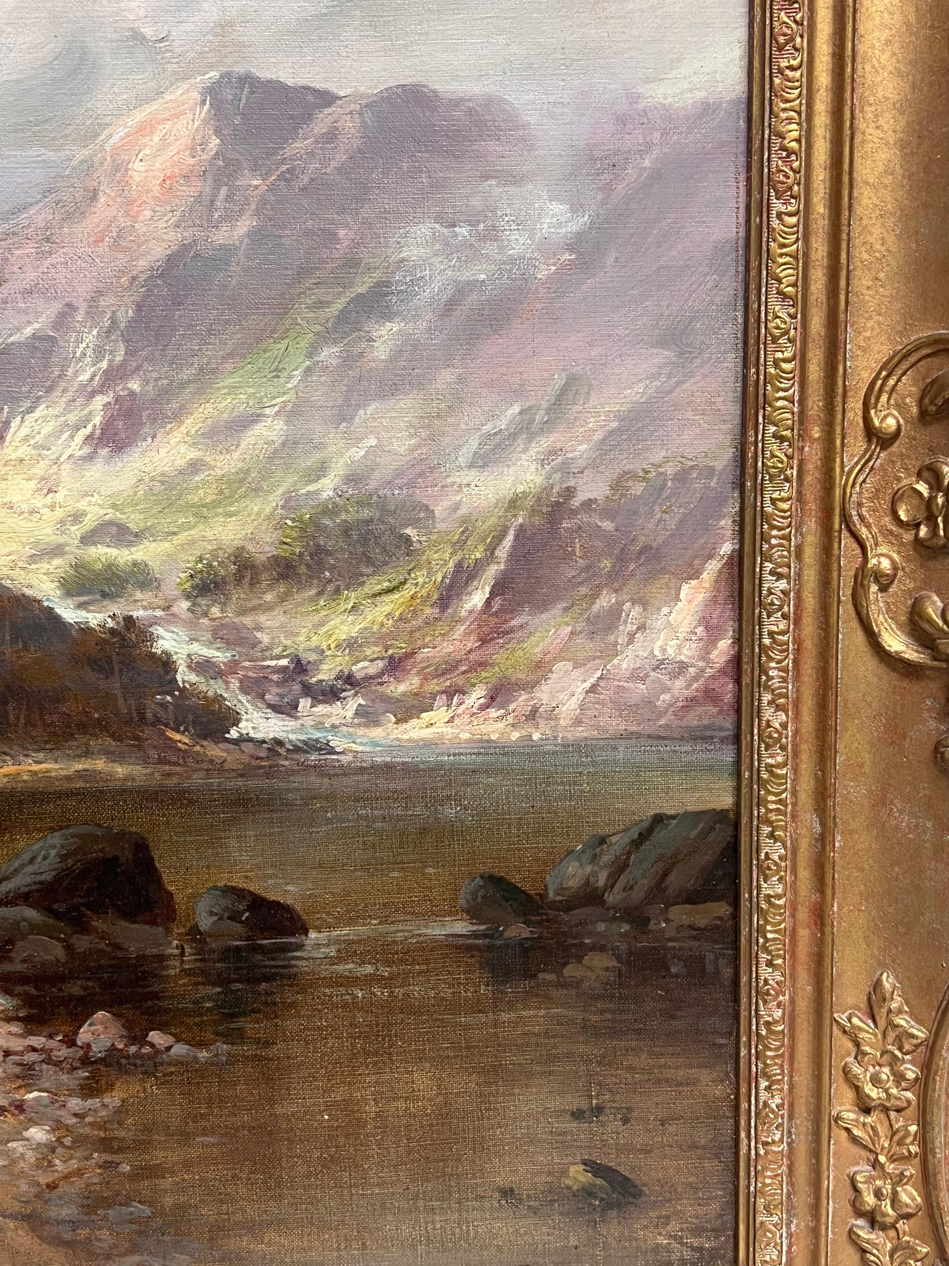 Huile ancienne Écosse Highland Loch Valley Cottages Path Mountains Dramatic Sky en vente 6