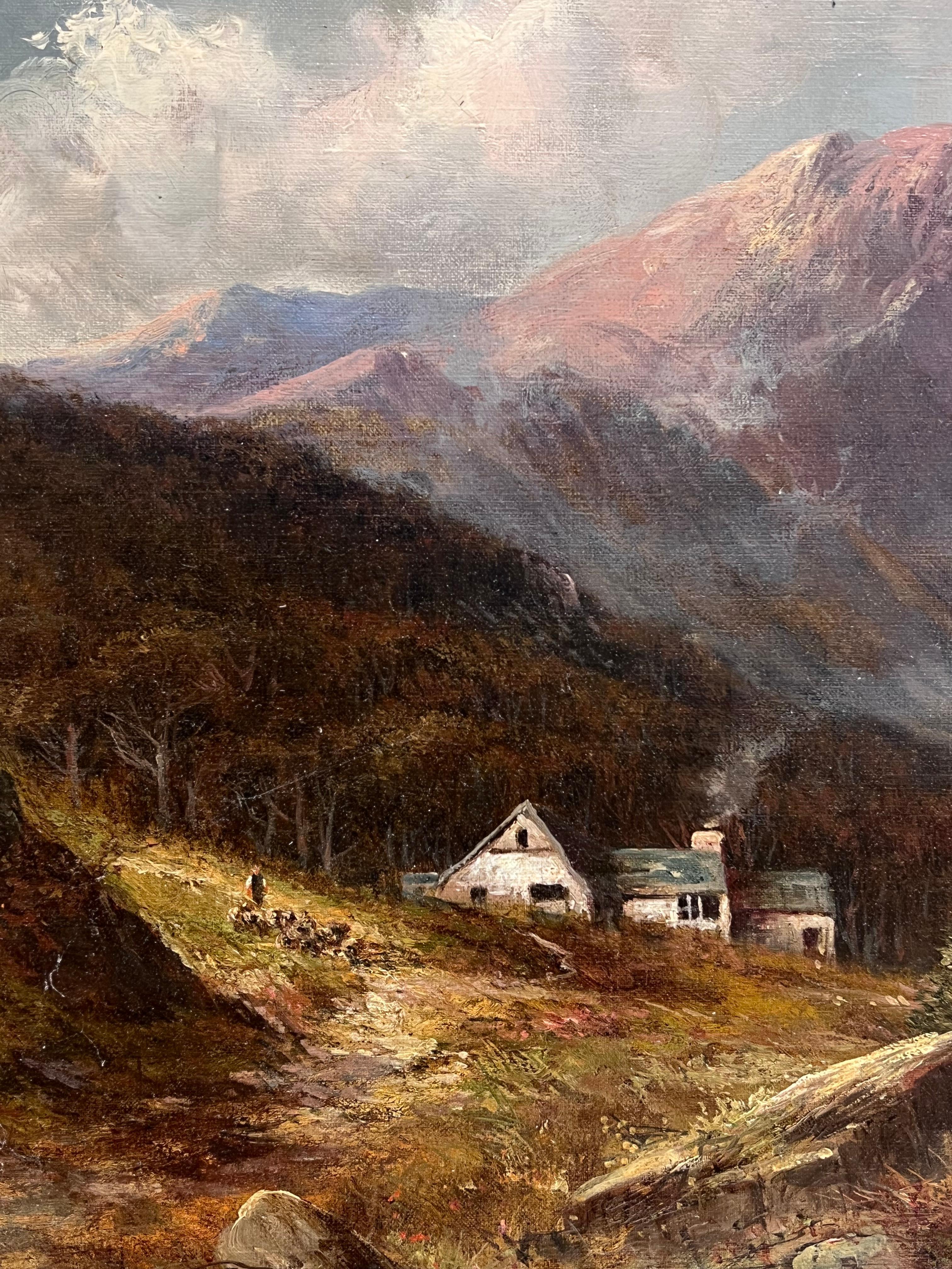 Huile ancienne Écosse Highland Loch Valley Cottages Path Mountains Dramatic Sky en vente 7