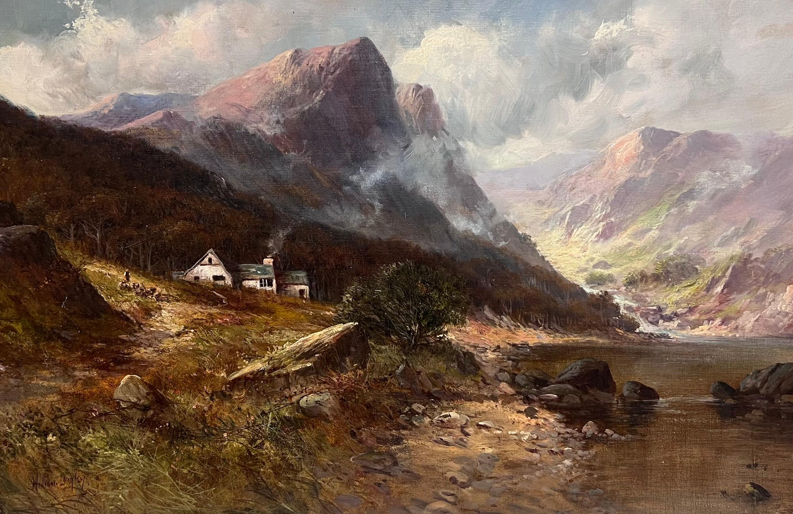 Huile ancienne Écosse Highland Loch Valley Cottages Path Mountains Dramatic Sky - Painting de F. E. Jamieson
