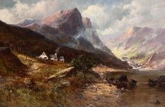 Antique Oil Scottish Highland Loch Valley Cottages Path Mountains Dramatic Sky
