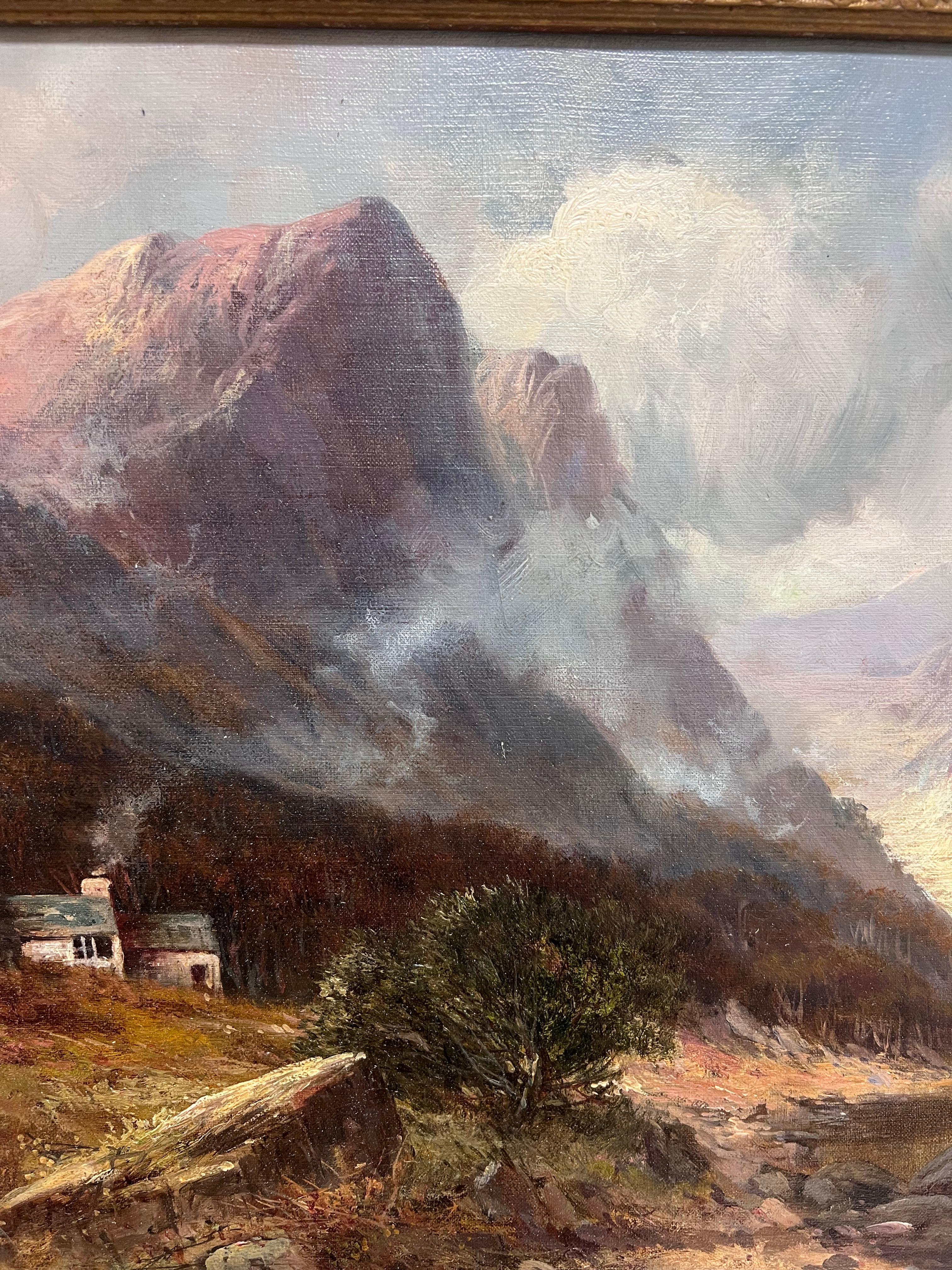 Huile ancienne Écosse Highland Loch Valley Cottages Path Mountains Dramatic Sky
par F. E. Jamieson (britannique, 1895-1950)
signé (avec pseudonyme, William Langley)
huile sur toile, encadrée
encadré : 25,5 x 35,5
toile : 20 x 30 pouces
provenance :