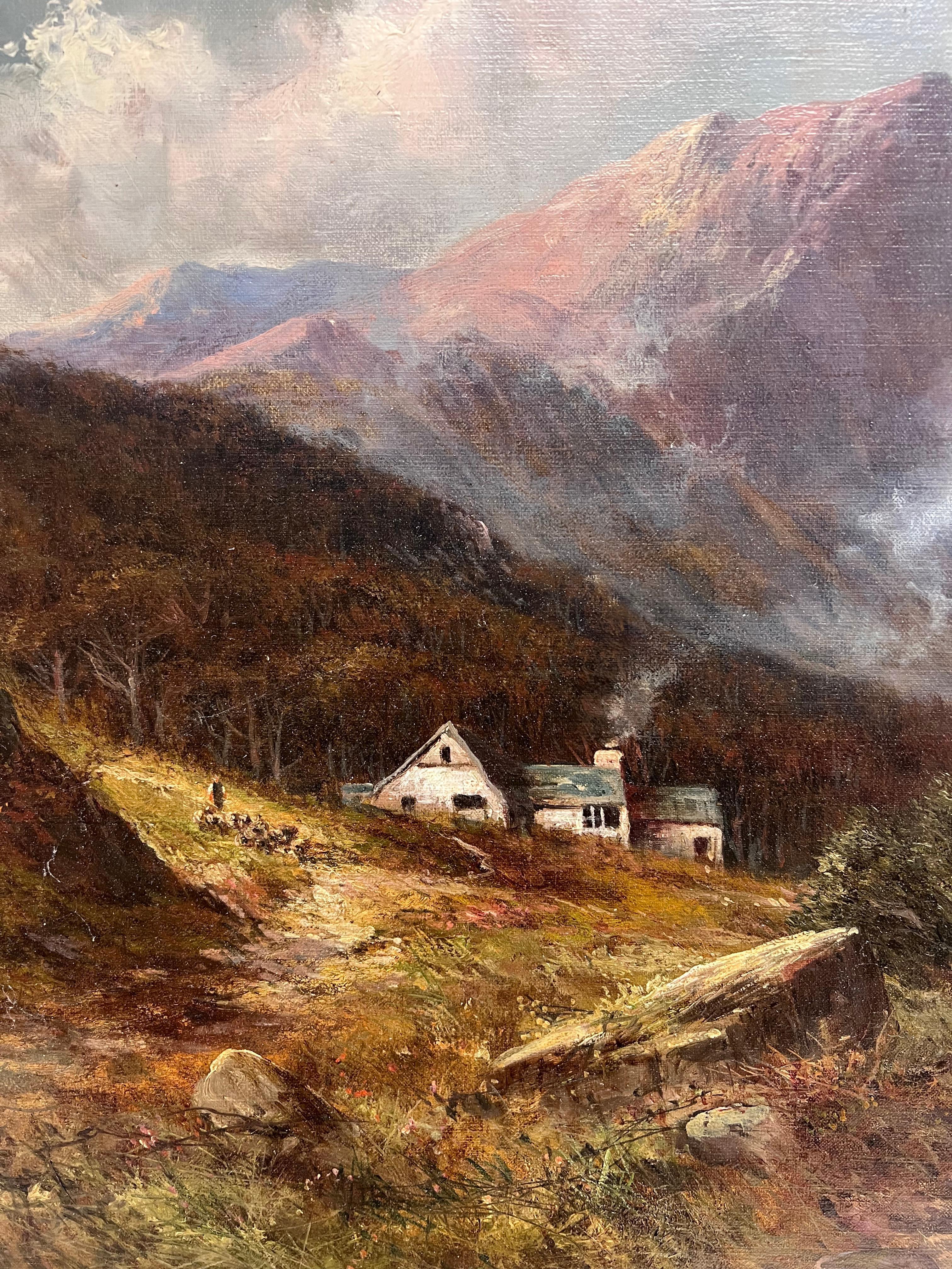Huile ancienne Écosse Highland Loch Valley Cottages Path Mountains Dramatic Sky en vente 1