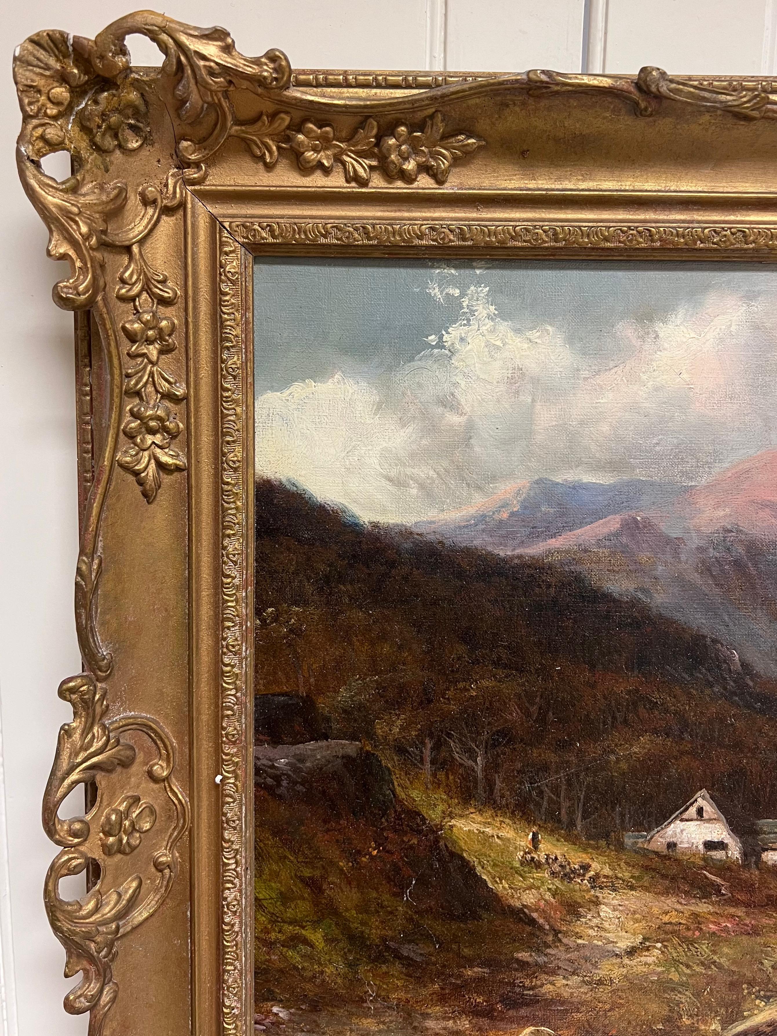 Huile ancienne Écosse Highland Loch Valley Cottages Path Mountains Dramatic Sky en vente 2