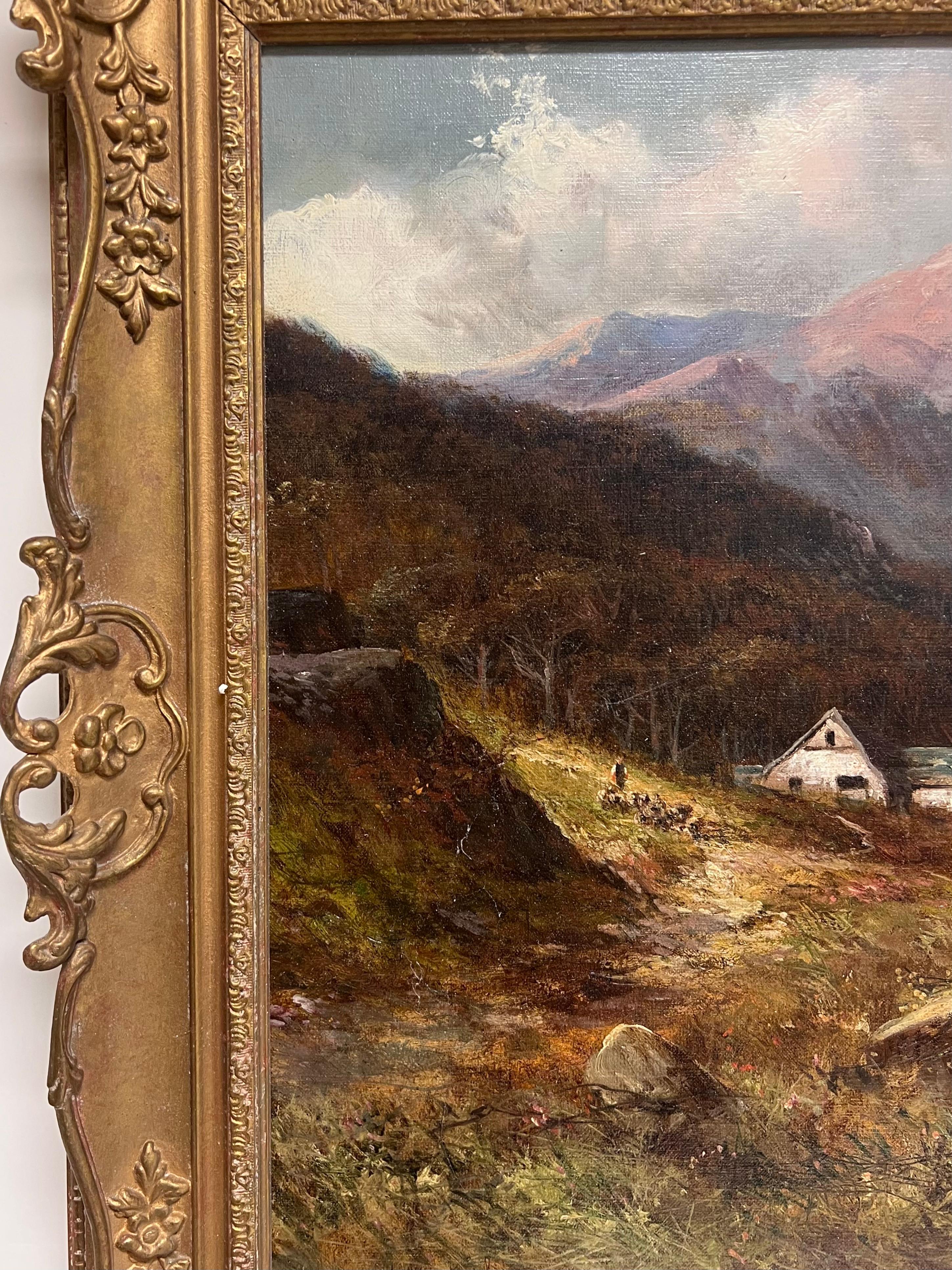 Huile ancienne Écosse Highland Loch Valley Cottages Path Mountains Dramatic Sky en vente 3
