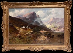 Huile ancienne Écosse Highland Loch Valley Cottages Path Mountains Dramatic Sky