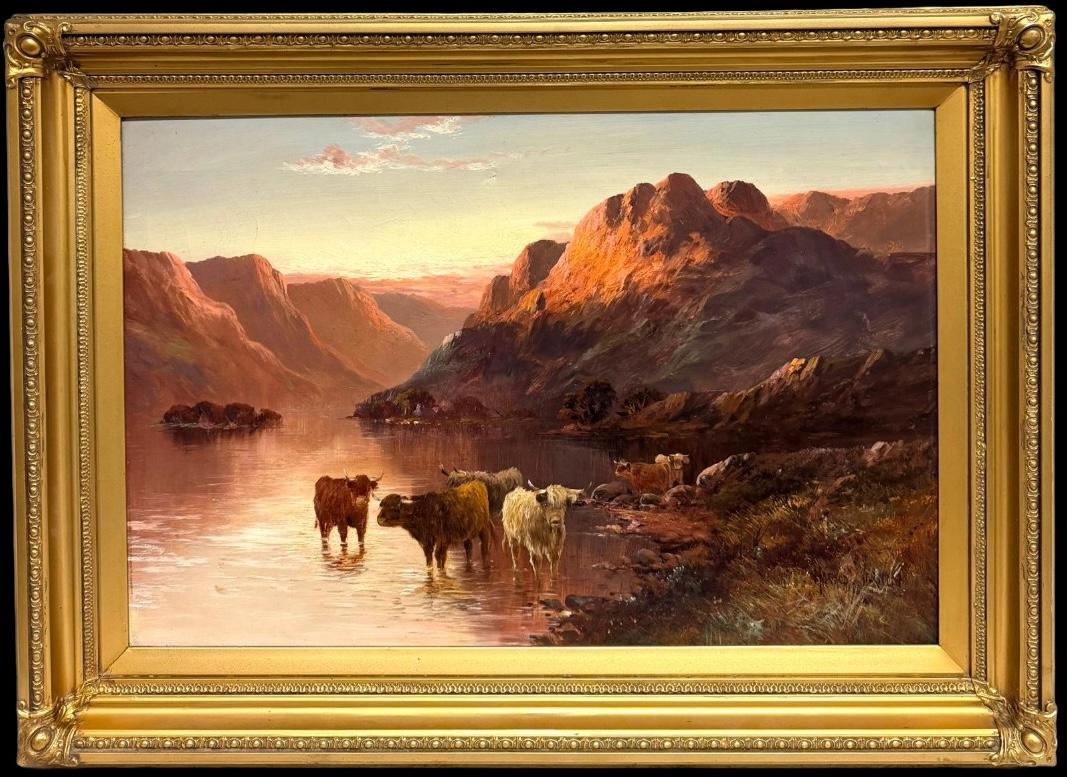F. E. Jamieson Landscape Painting - Antique Oil Scottish Highlands Oil Painting Cattle in Sunset Loch Warm Mountains