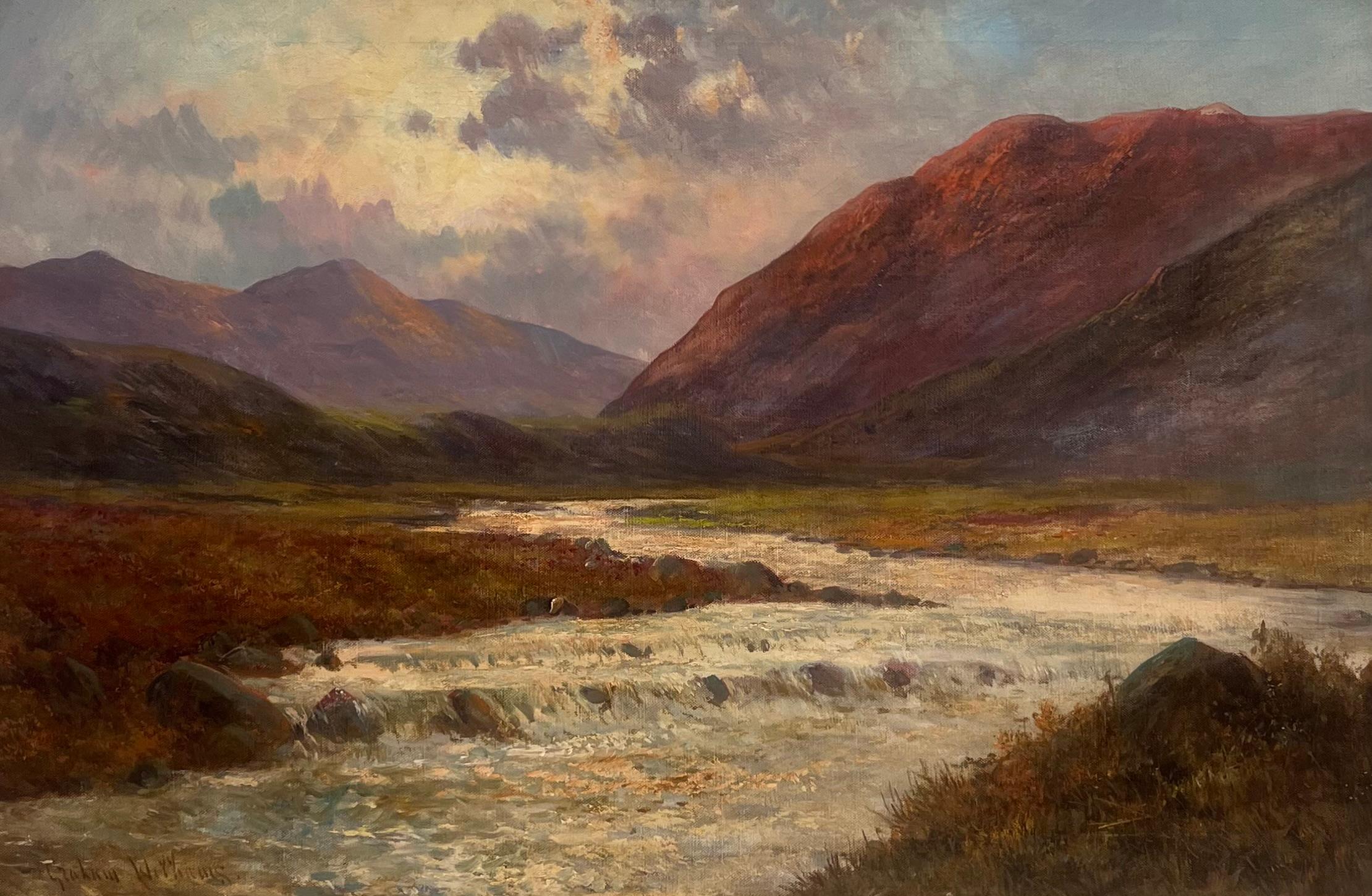 Antikes Öl Schottische Highlands Schnell fließender Fluss Highlands Glencoe Schottland – Painting von F. E. Jamieson