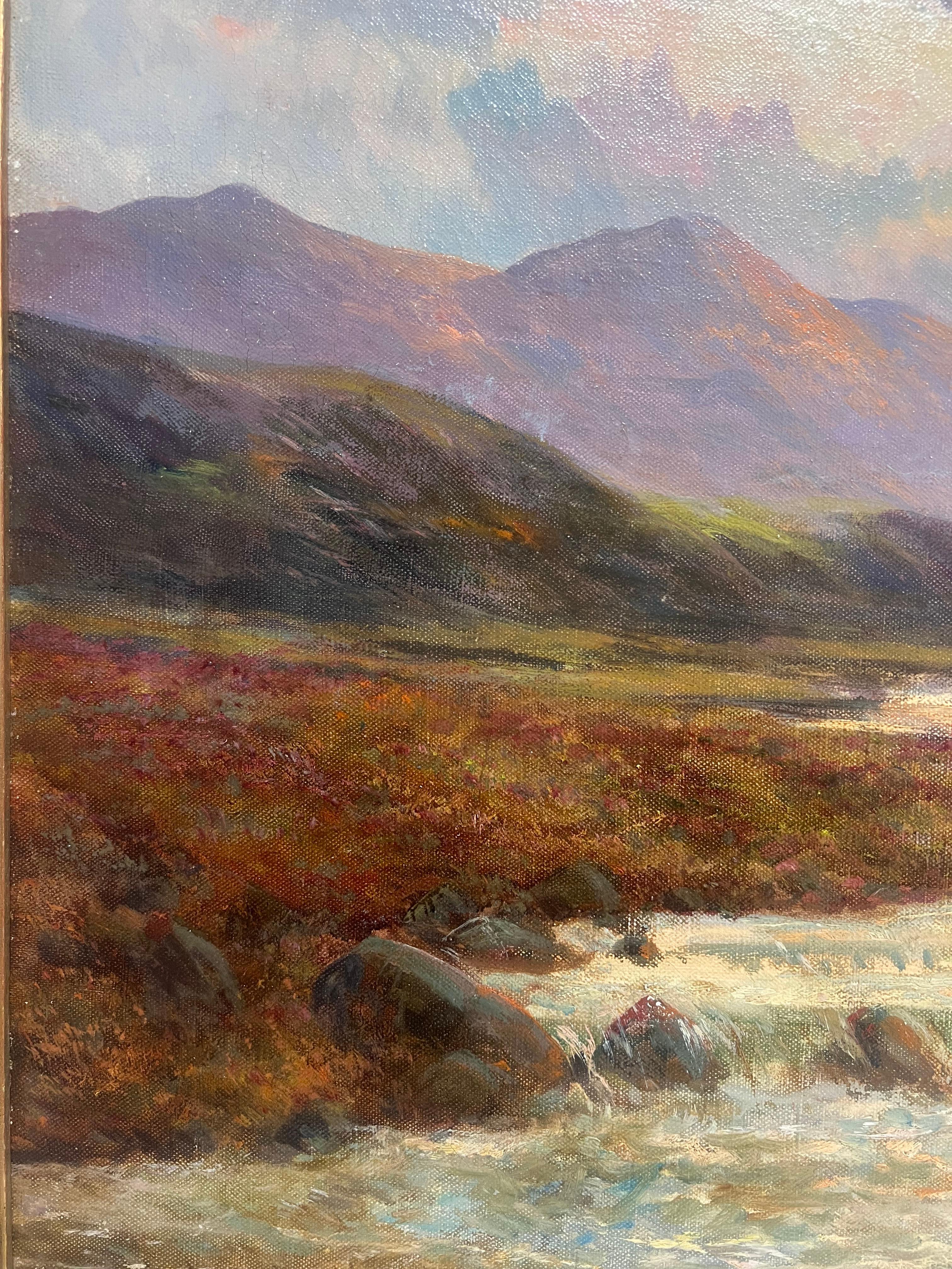 Antikes Öl Schottische Highlands Schnell fließender Fluss Highlands Glencoe Schottland (Braun), Landscape Painting, von F. E. Jamieson