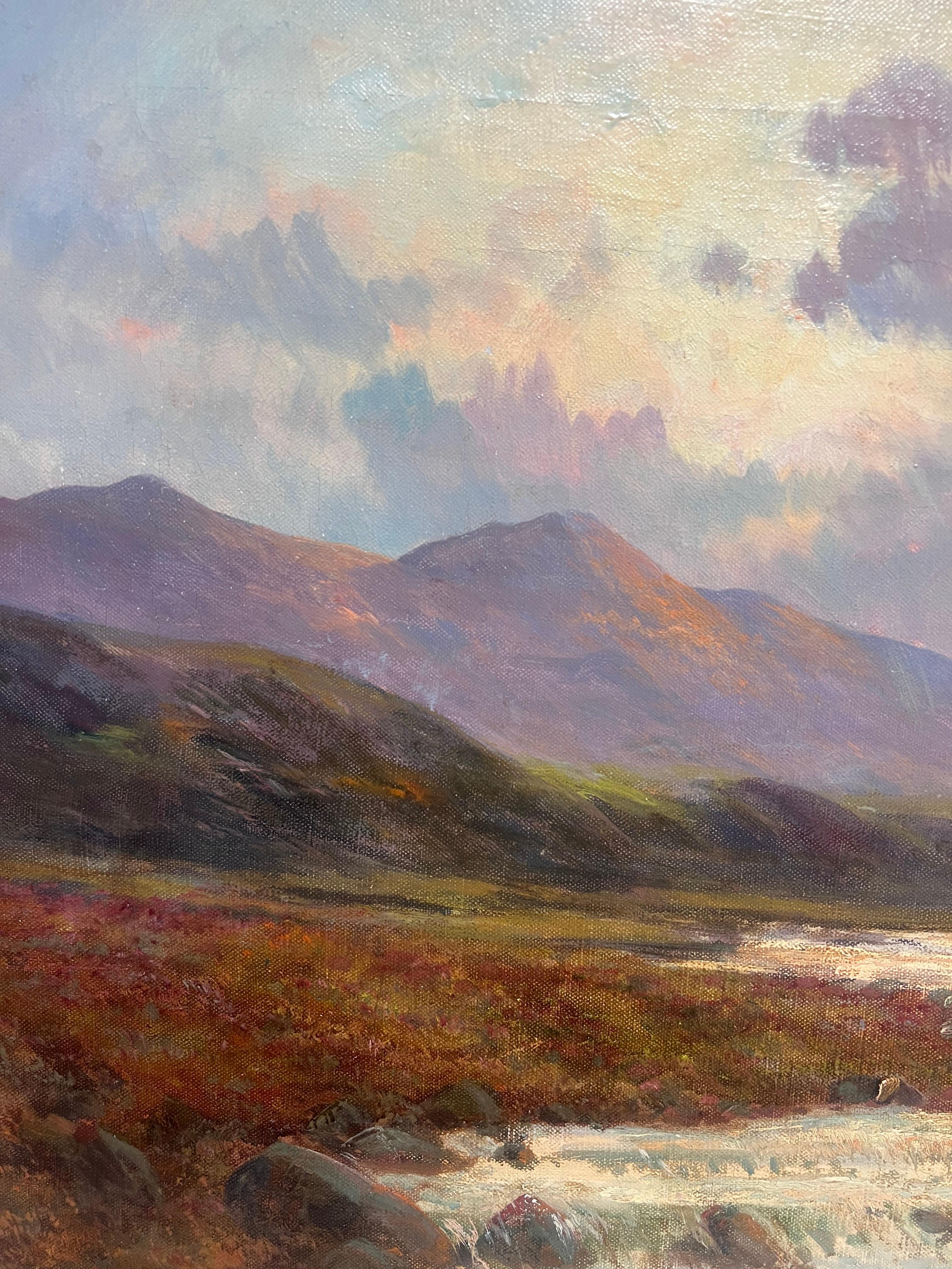 Der Highland River (höchstwahrscheinlich in Glen Etive oder Glencoe)
von F. E. Jamieson (Brite 1895-1950)
unterzeichnet (mit Pseudonym, Graham Williams)
Öl auf Leinwand, gerahmt
Gerahmt: 26 x 36 Zoll
Leinwand: 20 x 30 Zoll
Provenienz: