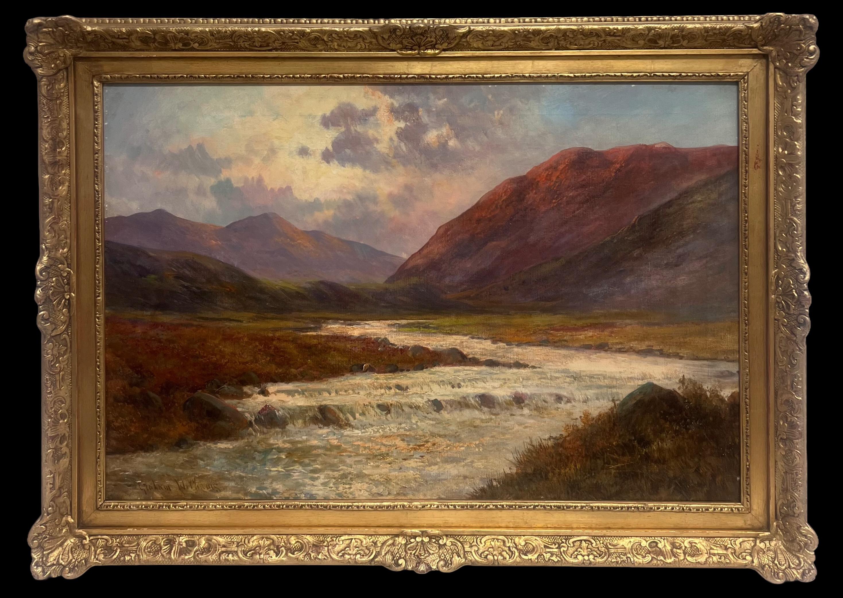 F. E. Jamieson Landscape Painting – Antikes Öl Schottische Highlands Schnell fließender Fluss Highlands Glencoe Schottland