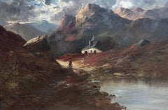 Antique Scottish Highland Landscape Cottage in Glen Brooding Sky & Mountains