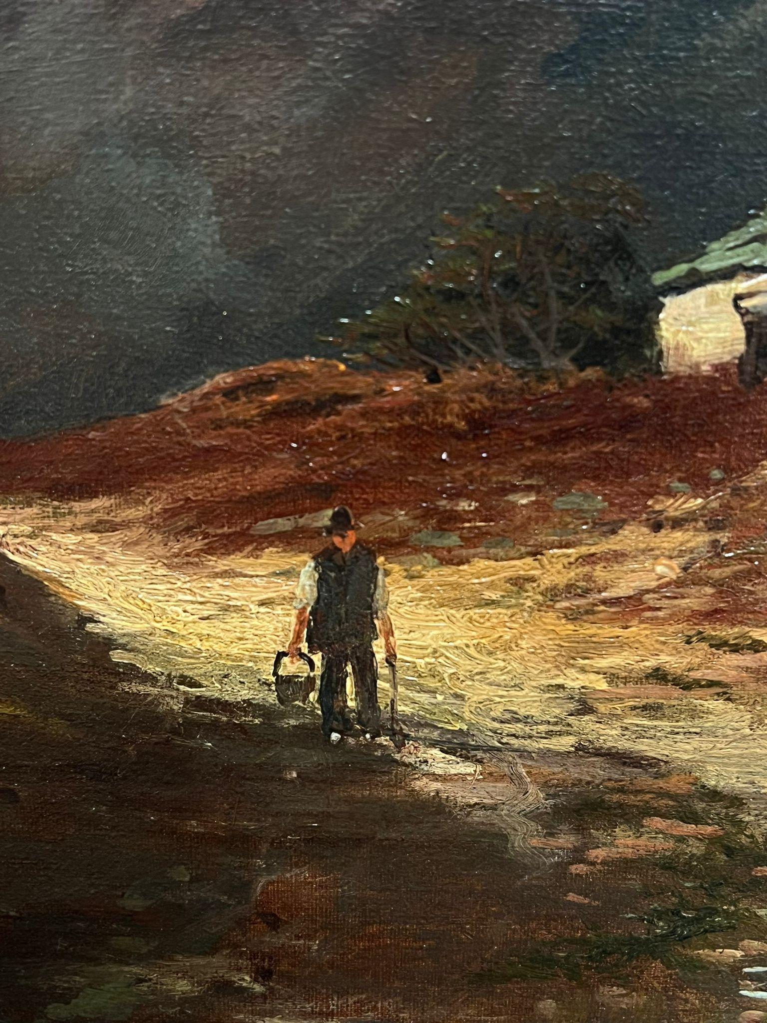 Cottage ancien de paysage écossais des Highlands dans le Glen Brooding Sky & Mountains - Victorien Painting par F. E. Jamieson