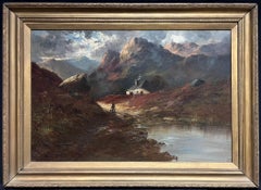 Antique Scottish Highland Landscape Cottage in Glen Brooding Sky & Mountains