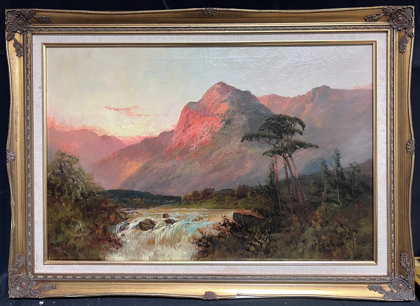 Antique Scottish Highland Landscape Fast Flowing River Valley Sunset Mountains - Painting by F. E. Jamieson