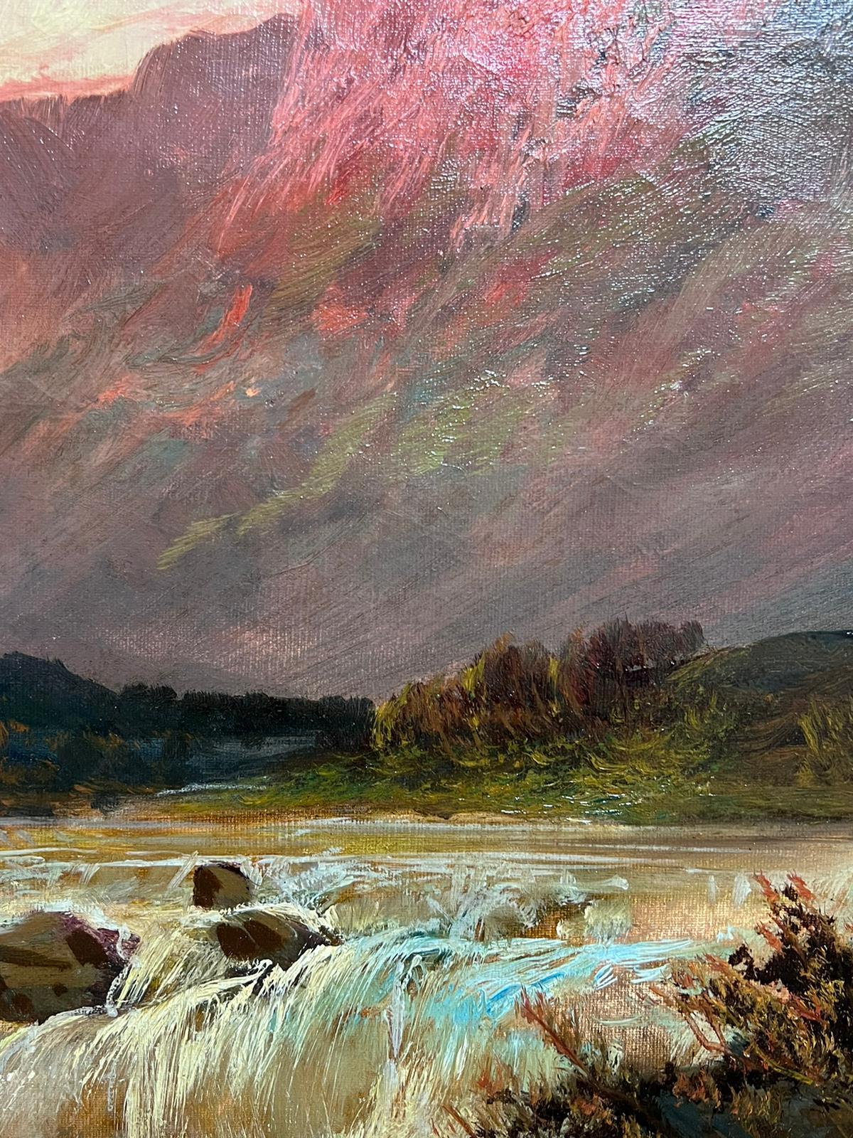 Antique Scottish Highland Landscape Fast Flowing River Valley Sunset Mountains For Sale 1
