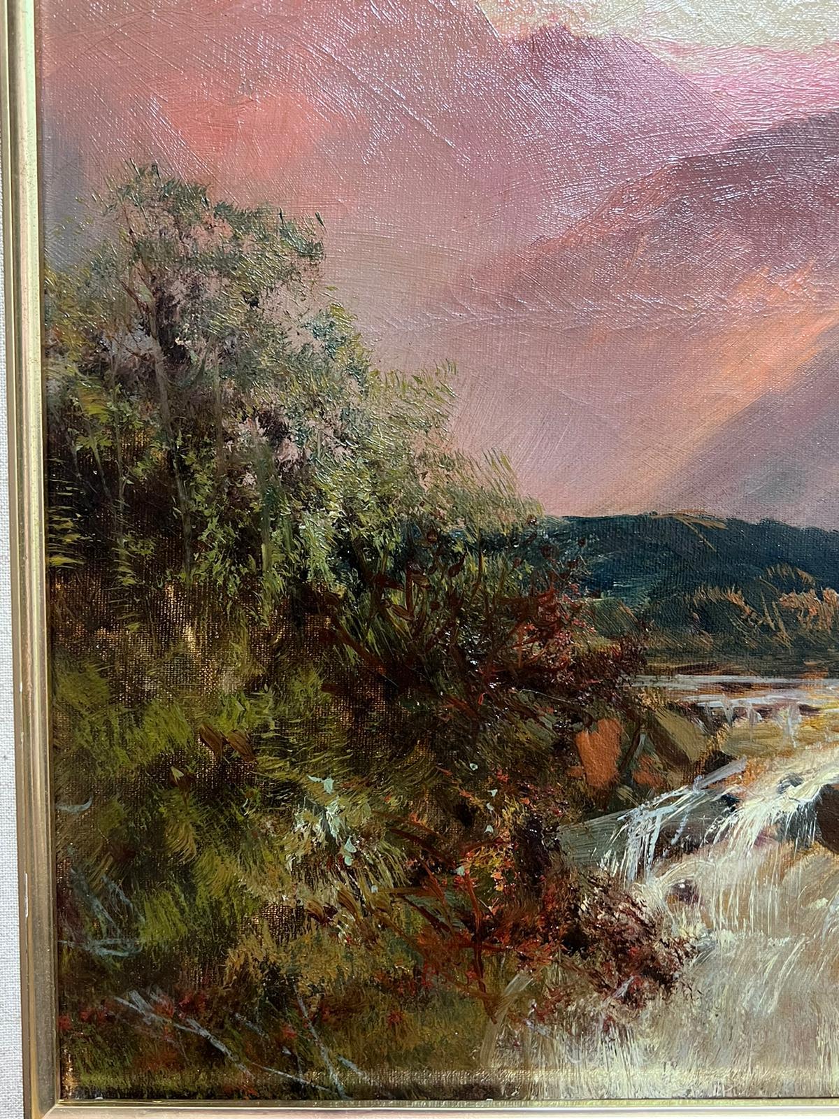 Antique Scottish Highland Landscape Fast Flowing River Valley Sunset Mountains For Sale 2