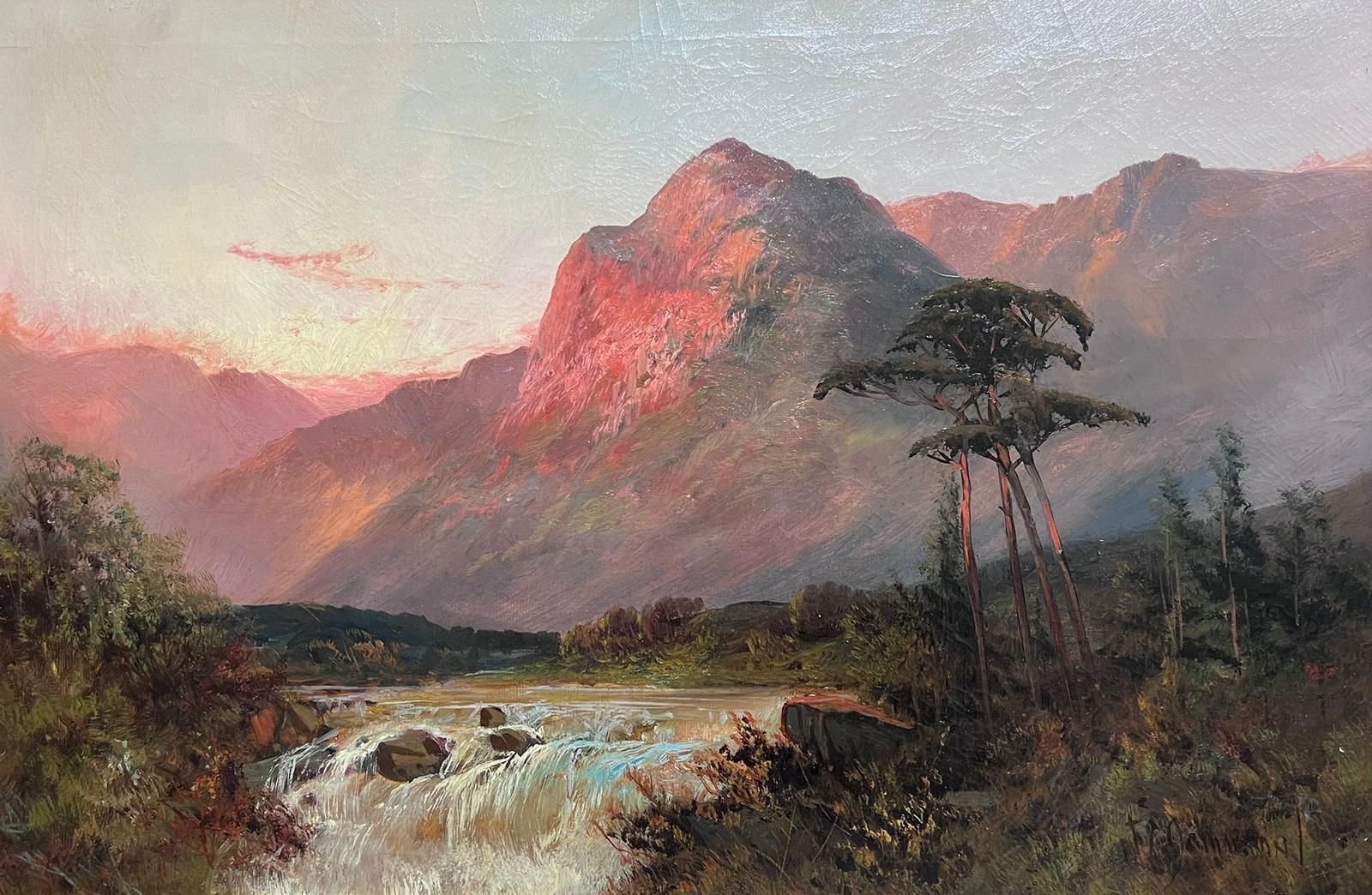 F. E. Jamieson Landscape Painting - Antique Scottish Highland Landscape Fast Flowing River Valley Sunset Mountains